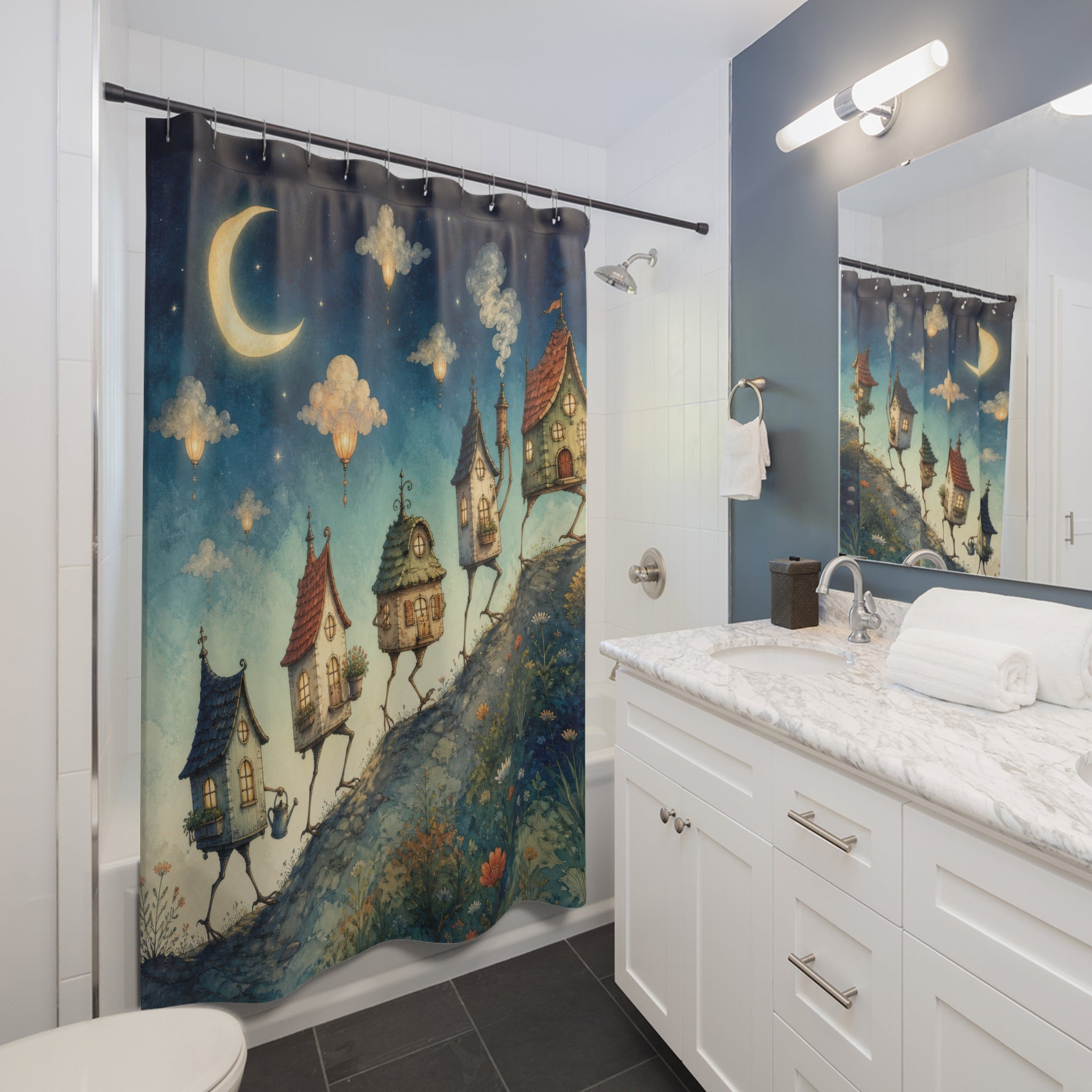 Whimsical walking village beneath a crescent moon shower curtain beside a white vanity