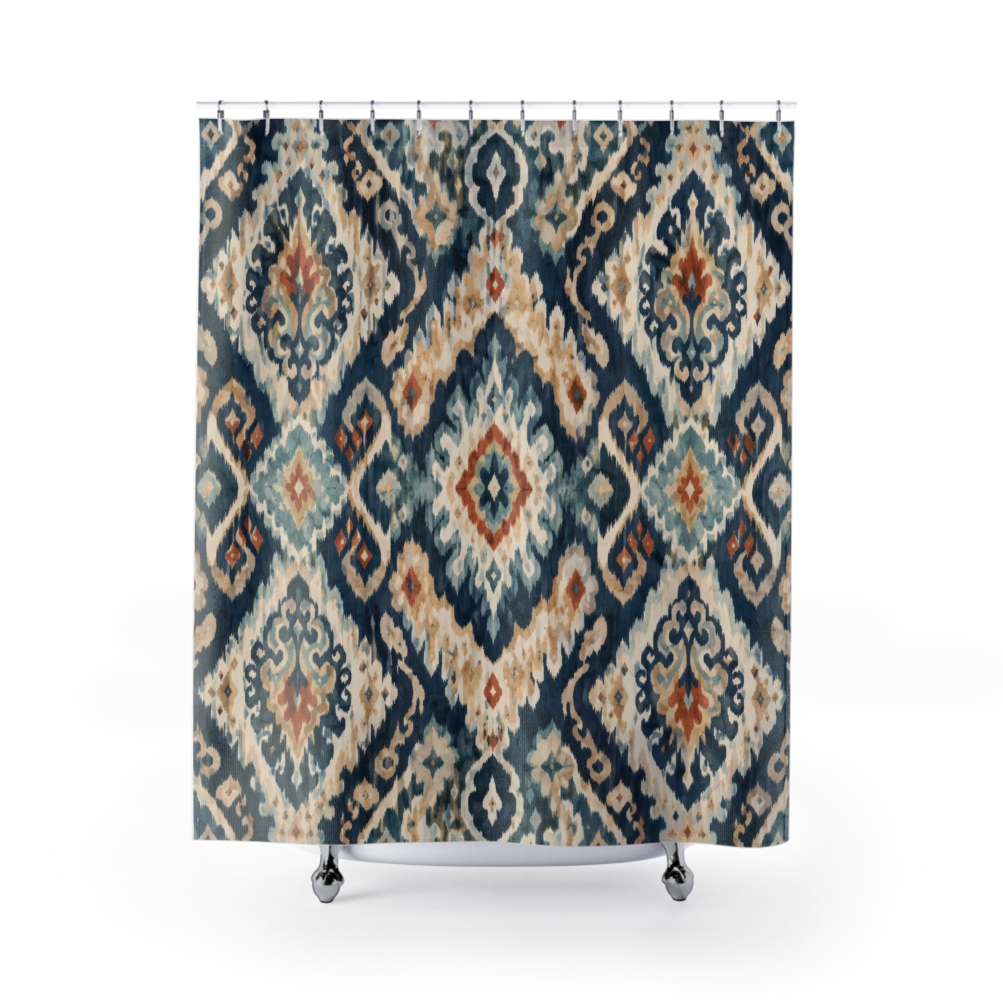 Ikat Shower Curtain: Blue Beige Boho Textile Pattern