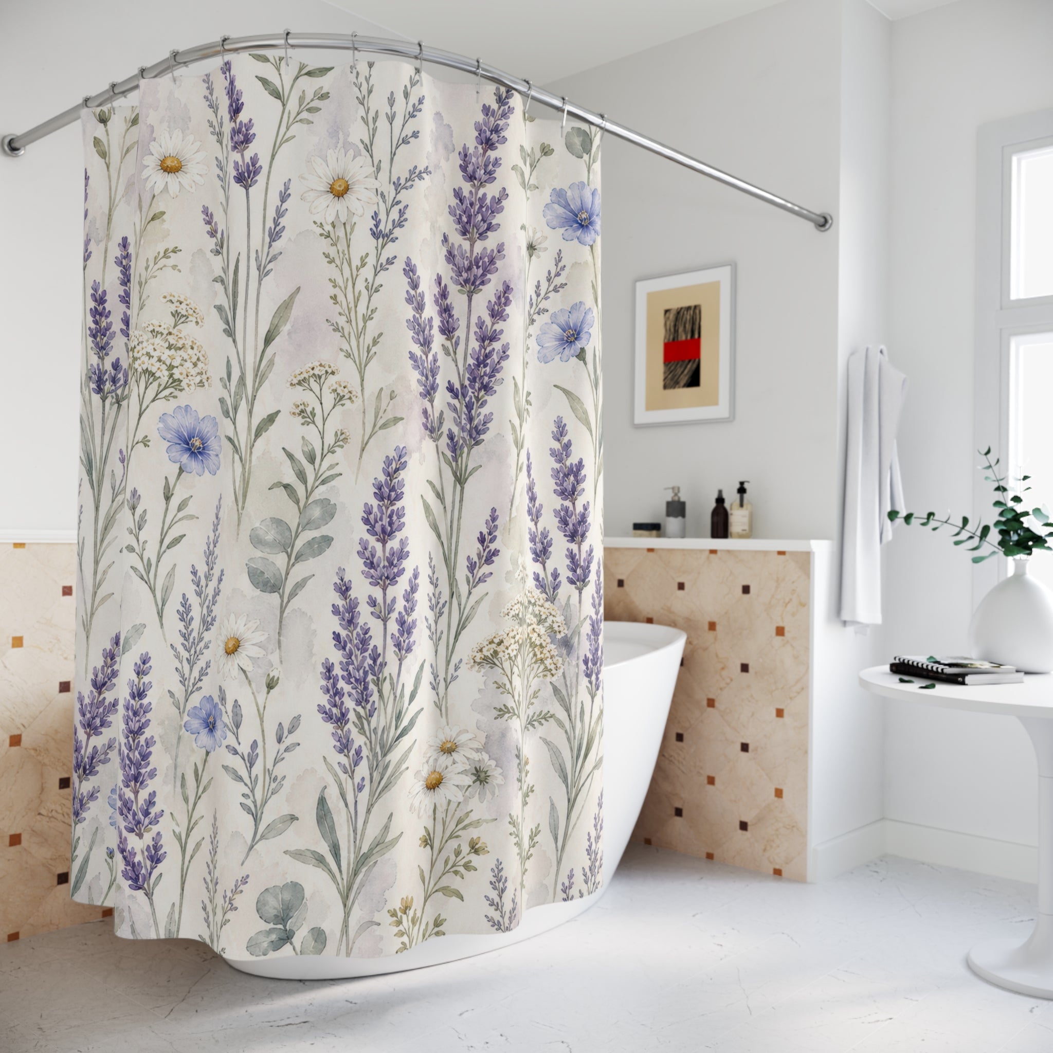 Blue Purple Wildflower Watercolor Shower Curtain