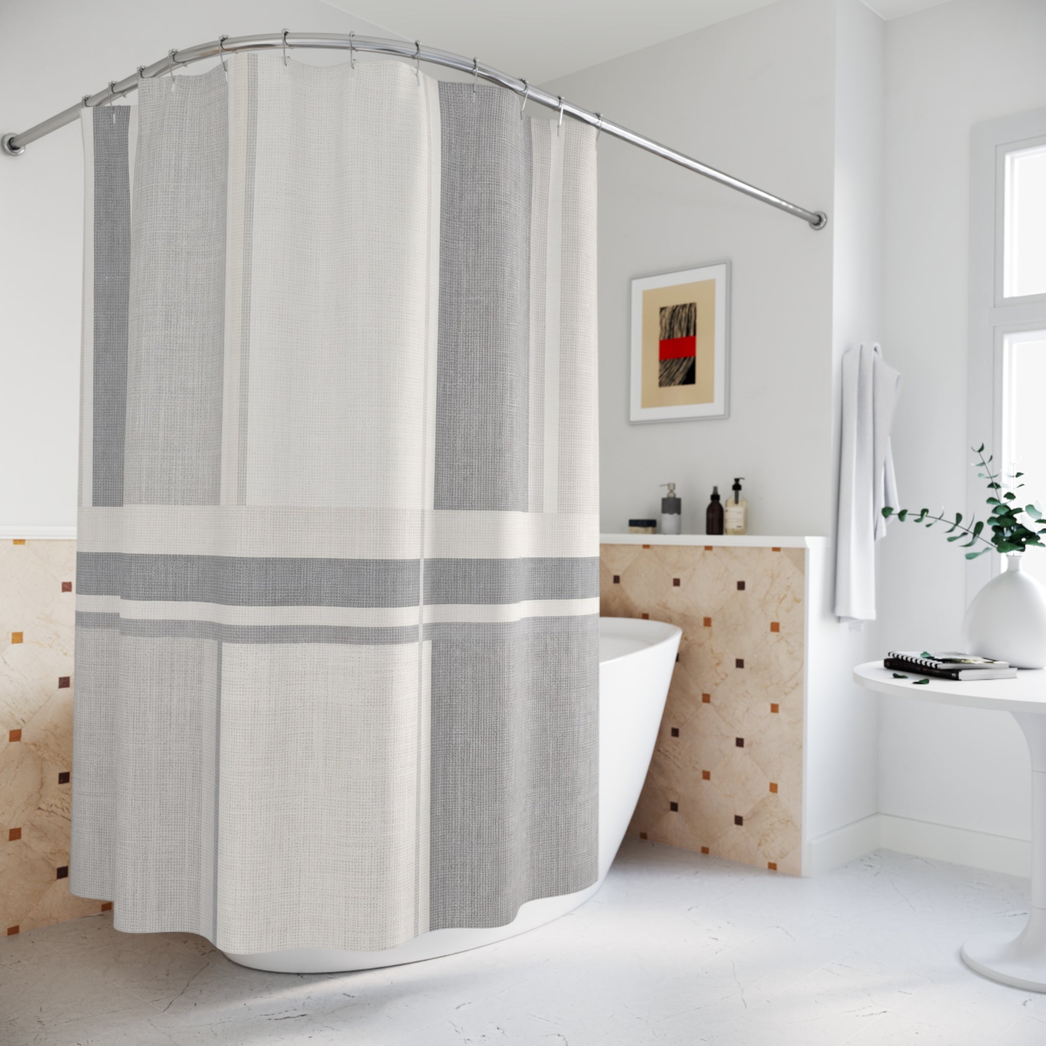 Grey White Striped Shower Curtain