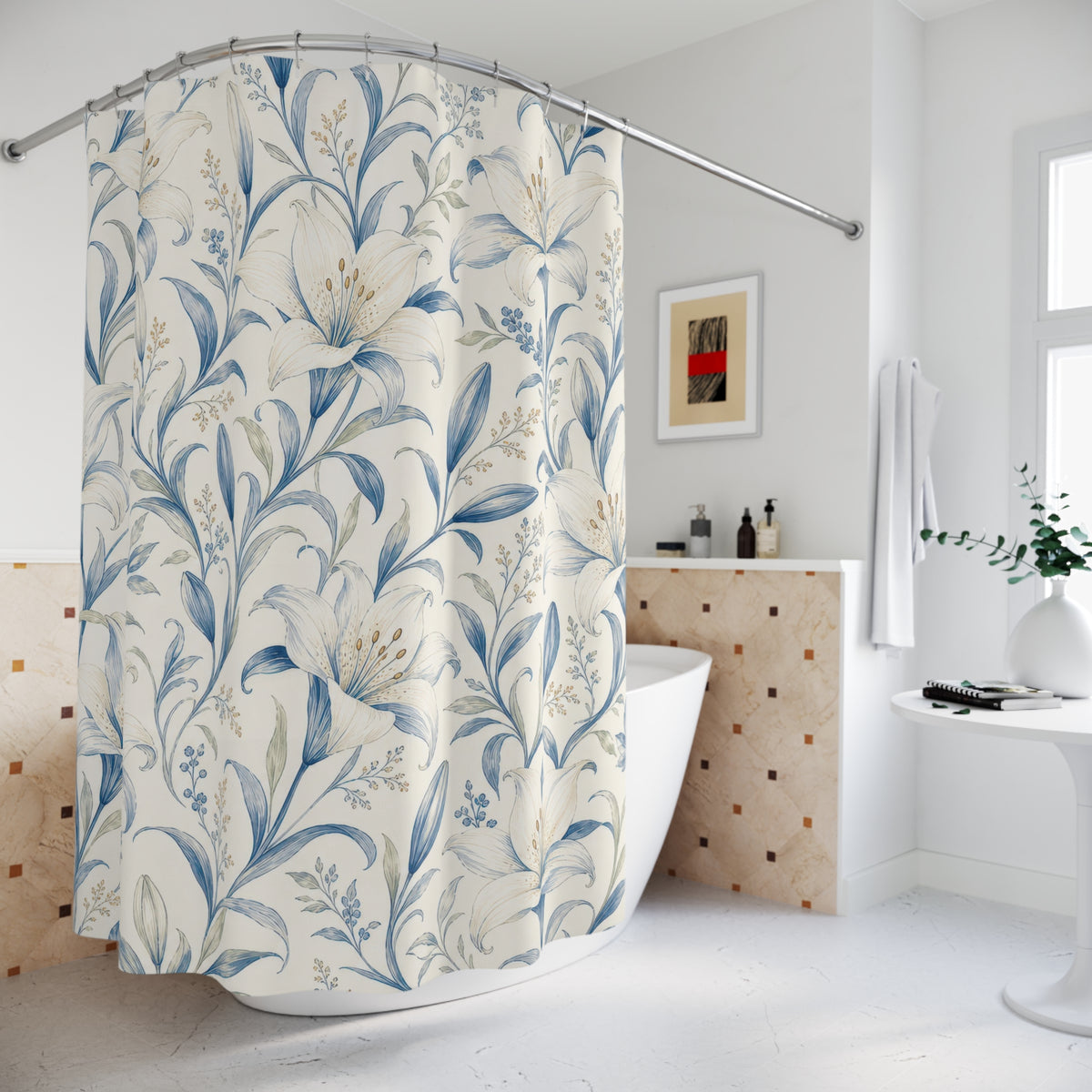 Blue Art Nouveau botanical floral shower curtain beside a freestanding tub