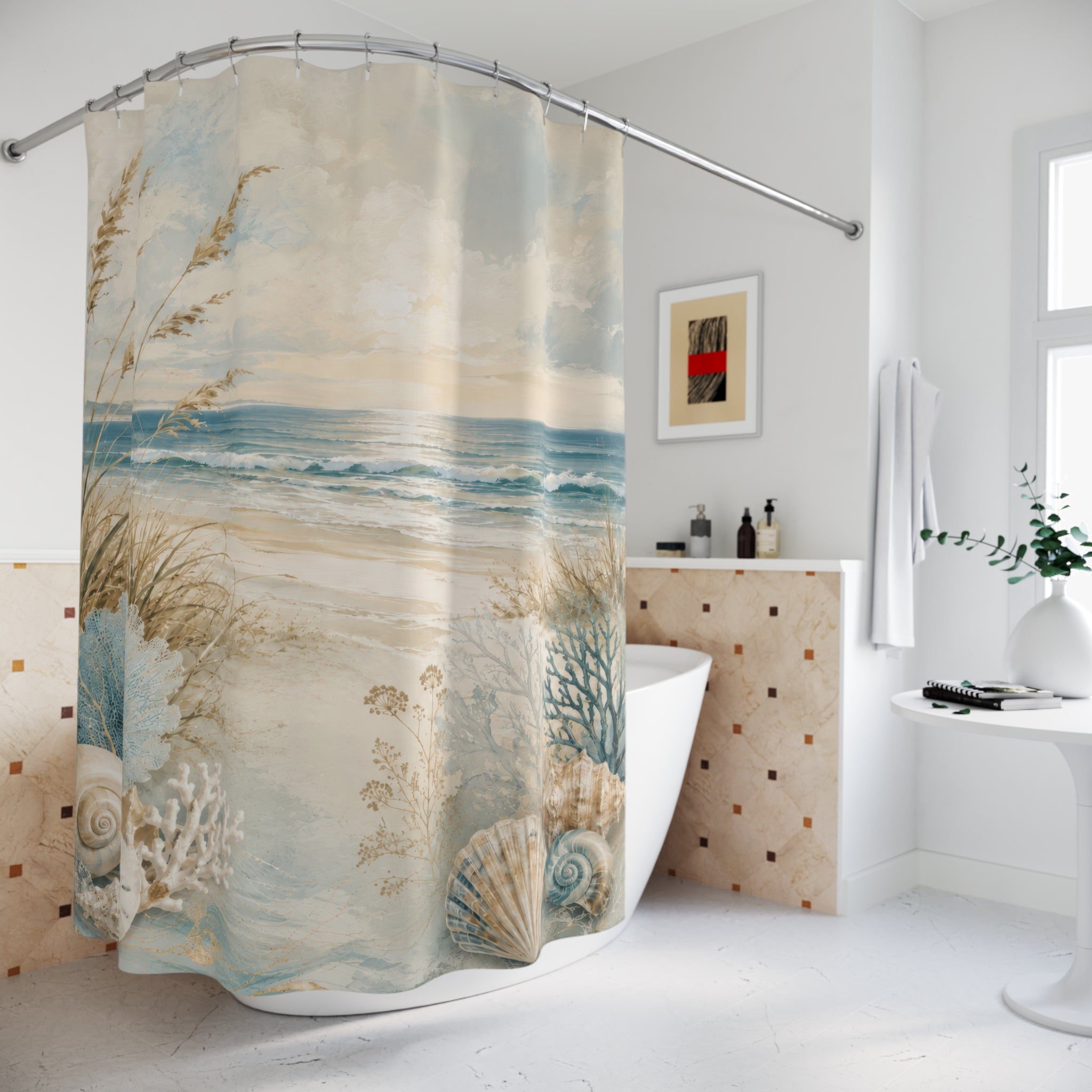 Blue Beige Shower Curtain: Coastal Beach Ocean Scene