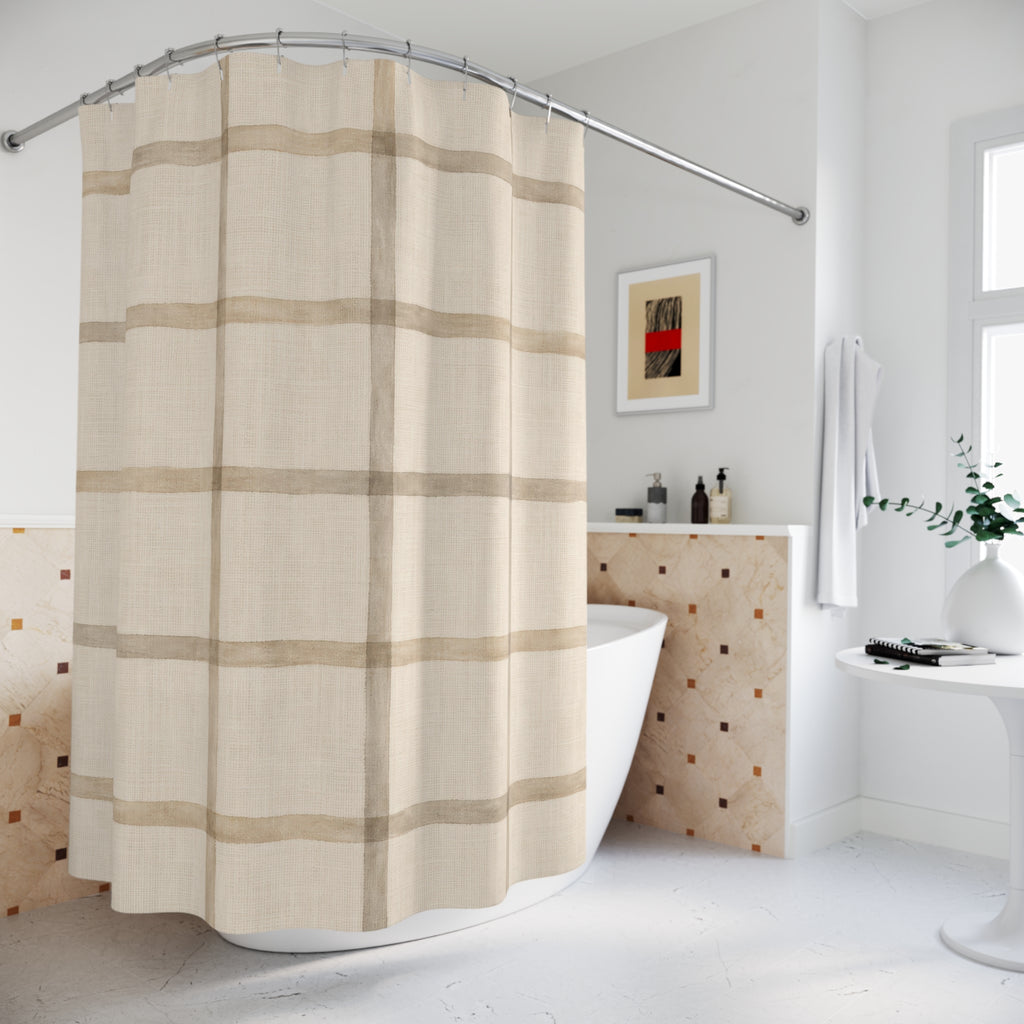 Beige Taupe Windowpane Grid Shower Curtain