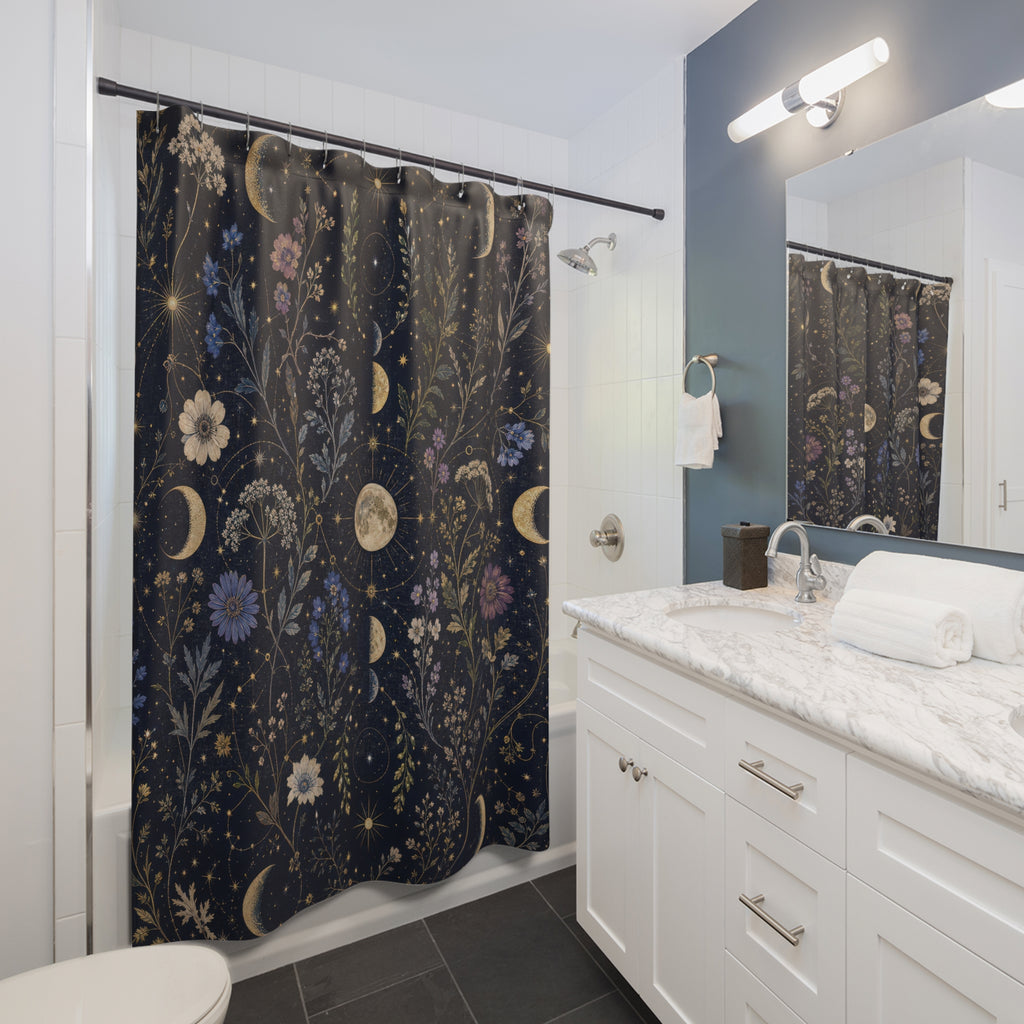 Celestial Botanical Shower Curtain, Navy Moon Bathroom Decor, Dark Floral Bath Curtain, Moody Guest Bathroom Decor, Gold Bath Decor