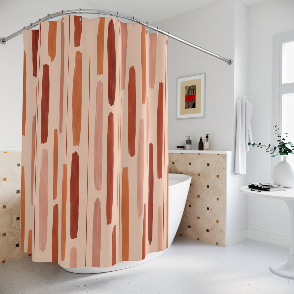 Terracotta rust and blush broken vertical strokes on peach shower curtain beside a freestanding tub