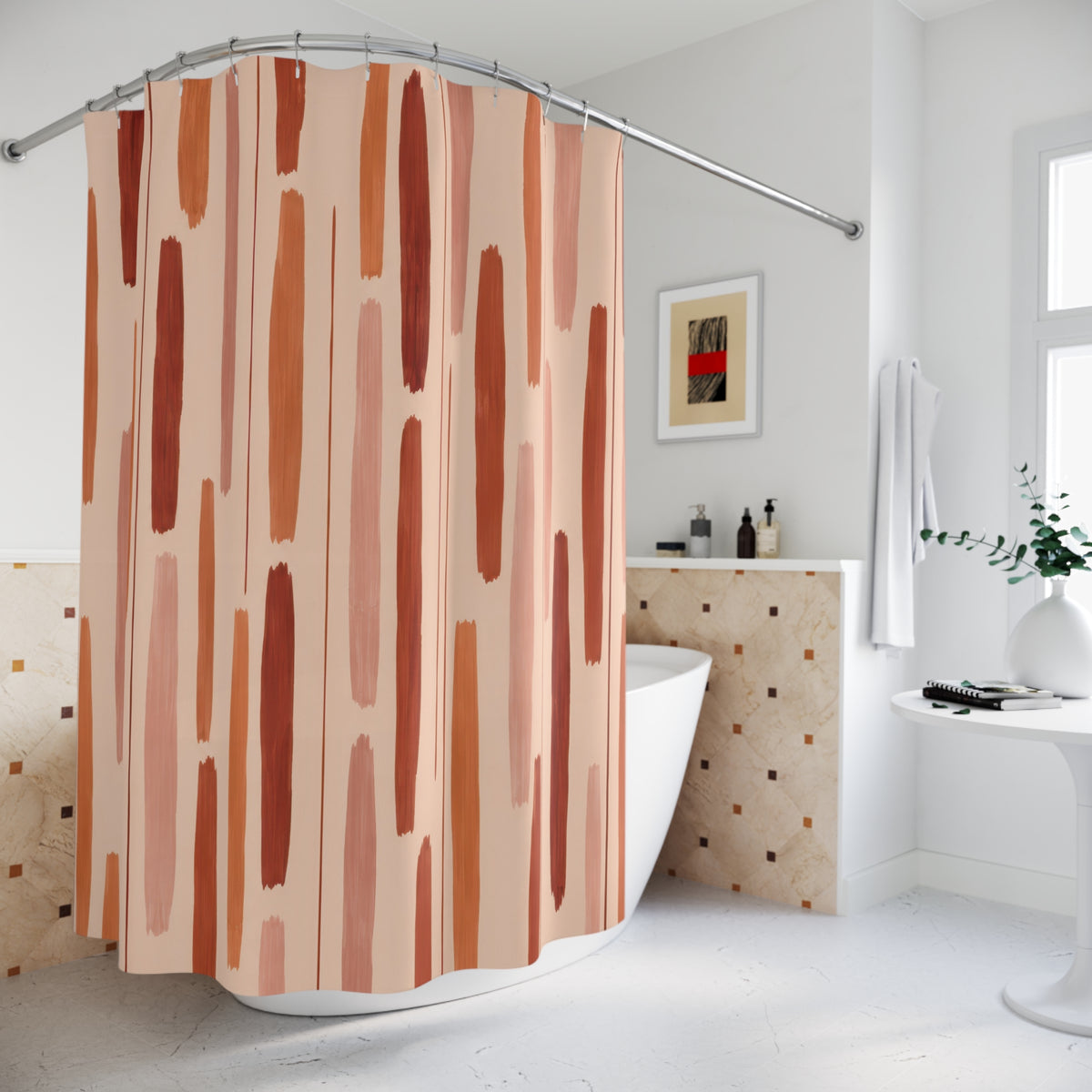 Terracotta Hand Drawn Line Vertical Stripes Shower Curtain