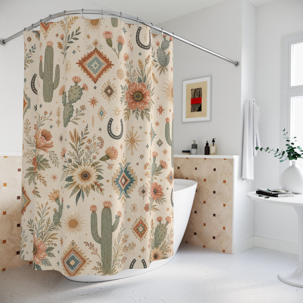 Western Boho Shower Curtain, Desert Flower Repeat Bath Decor, Terracotta Turquoise Horseshoe Pattern, Rustic Guest Bathroom Style Decor