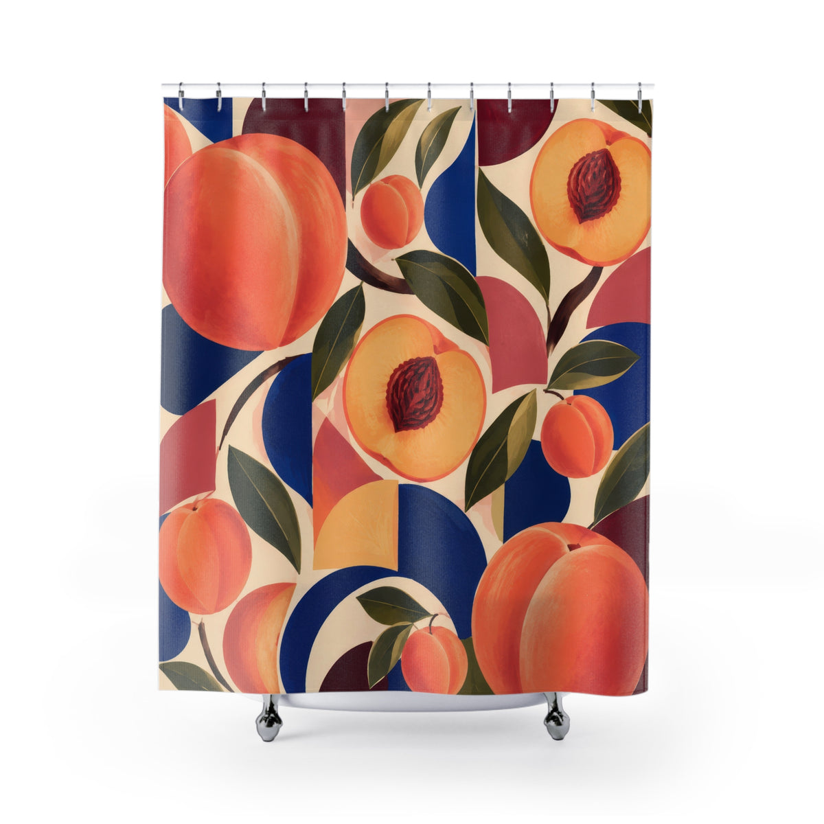 Peaches with cobalt and burgundy geometric arcs shower curtain with full front view