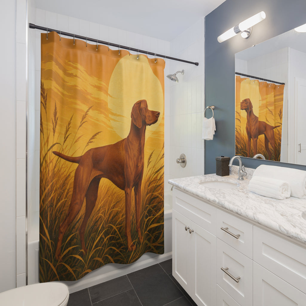 Golden meadow Vizsla shower curtain beside a white vanity