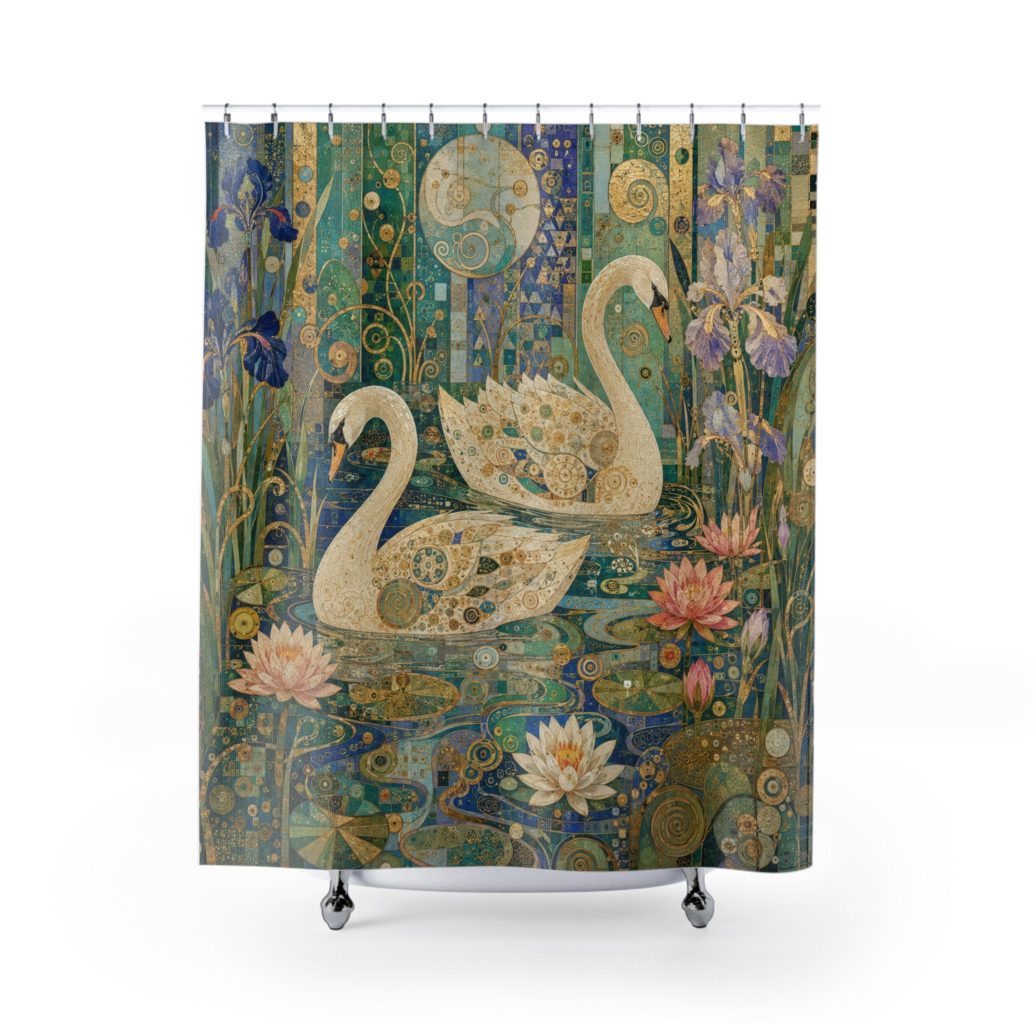 Klimt Inspired Swan Shower Curtain: Nouveau Teal Blue Pond