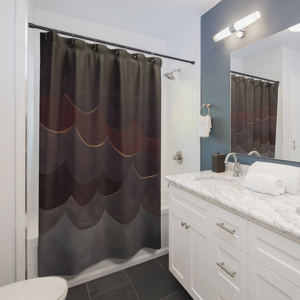 Aubergine and black cherry scallop bands with old gold accents shower curtain beside a white vanity