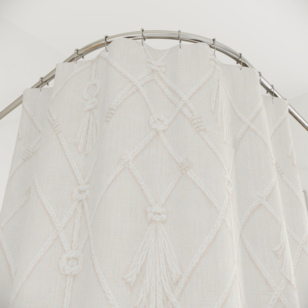 White Boho Shower Curtain, Geometric Lattice Bath Decor, Ivory Diamond Pattern, Cream Guest Bathroom Decor, Soft Neutral Style Decor