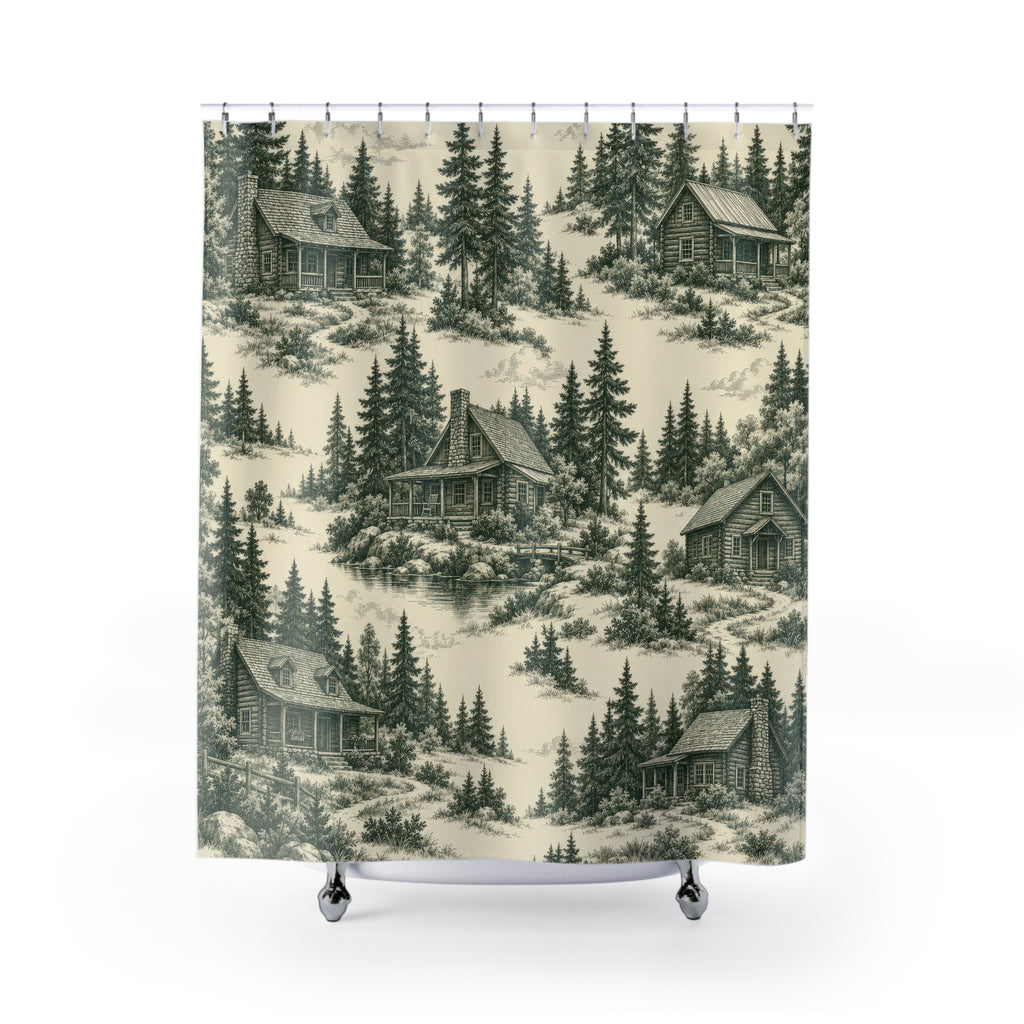 Forest green woodland cabin toile shower curtain with full front view