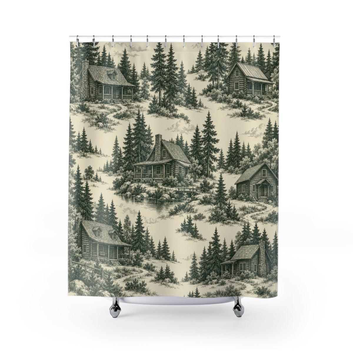 Forest green woodland cabin toile shower curtain with full front view