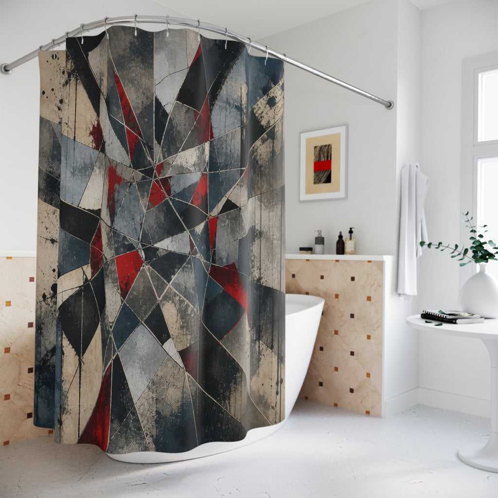 Geometric Shower Curtain, Black Gray Red Kaleidoscope Art, Abstract Modern Bathroom Decor, Sharp Graphic Bath Pattern, Dark Guest Bath