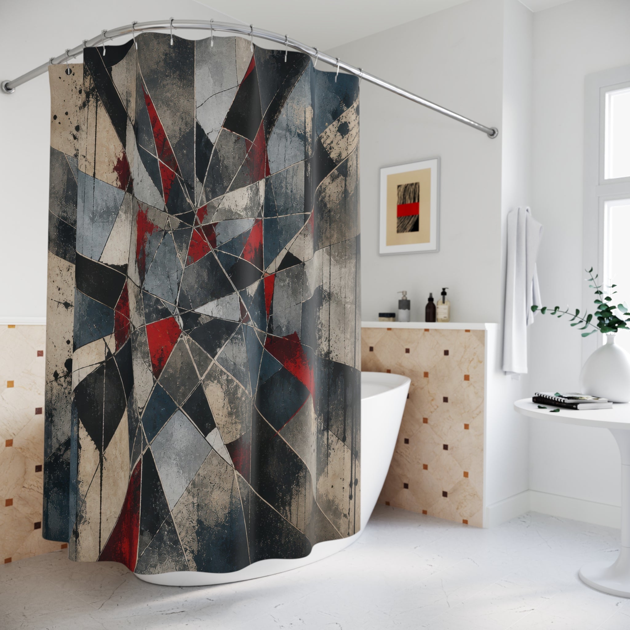 Geometric Shower Curtain, Black Gray Red Kaleidoscope Art, Abstract Modern Bathroom Decor, Sharp Graphic Bath Pattern, Dark Guest Bath