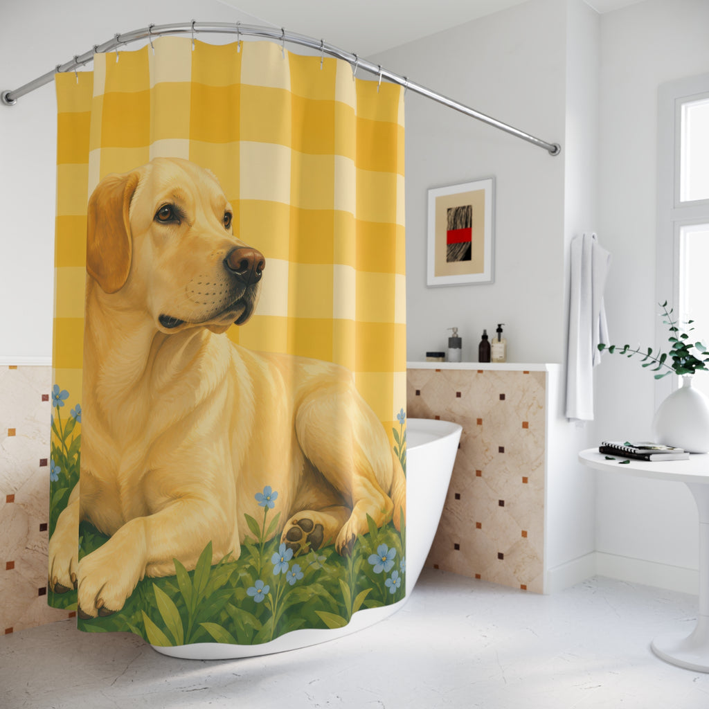 Reclining yellow Labrador on sunny gingham meadow shower curtain beside a freestanding tub