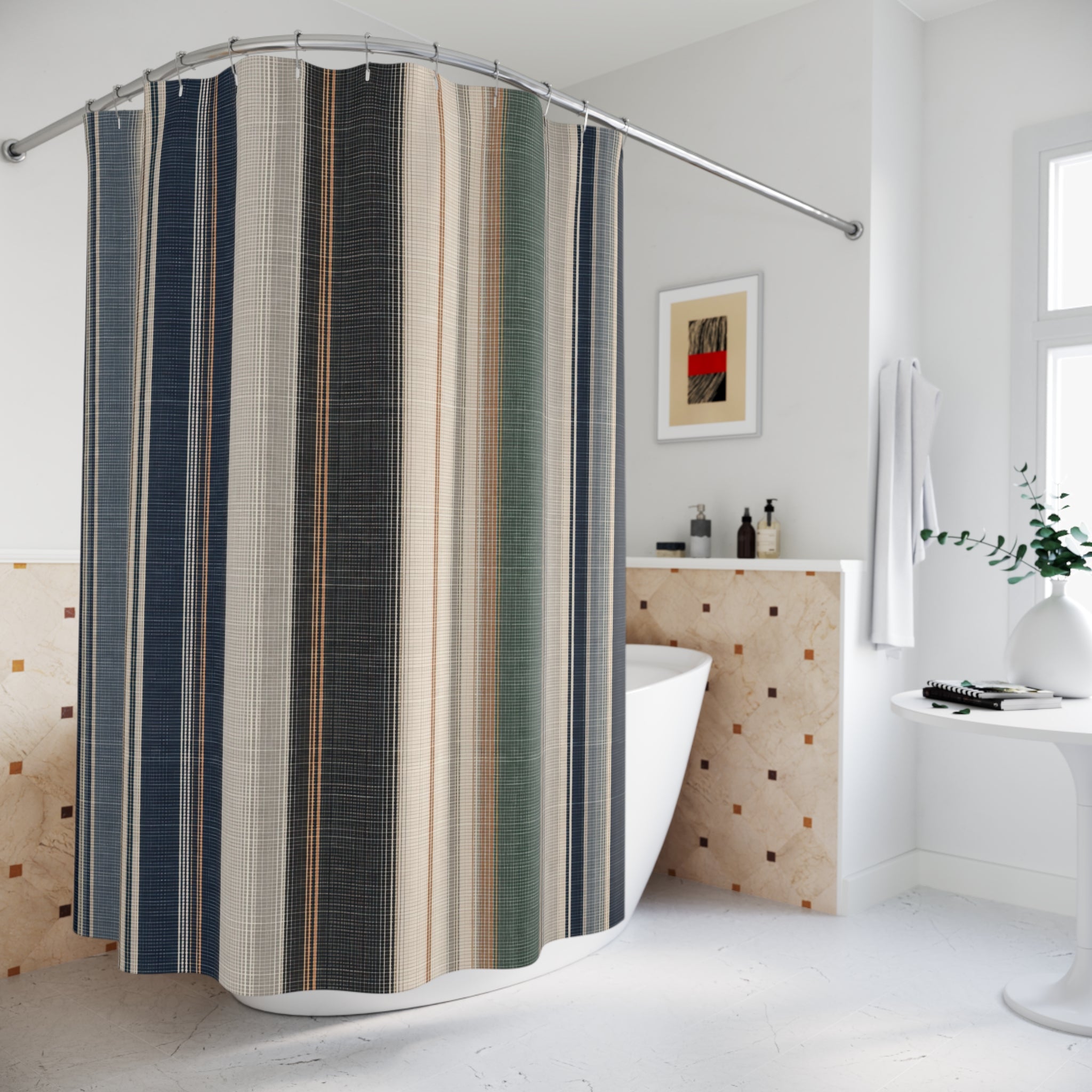Navy Charcoal Woven Look Stripe Shower Curtain