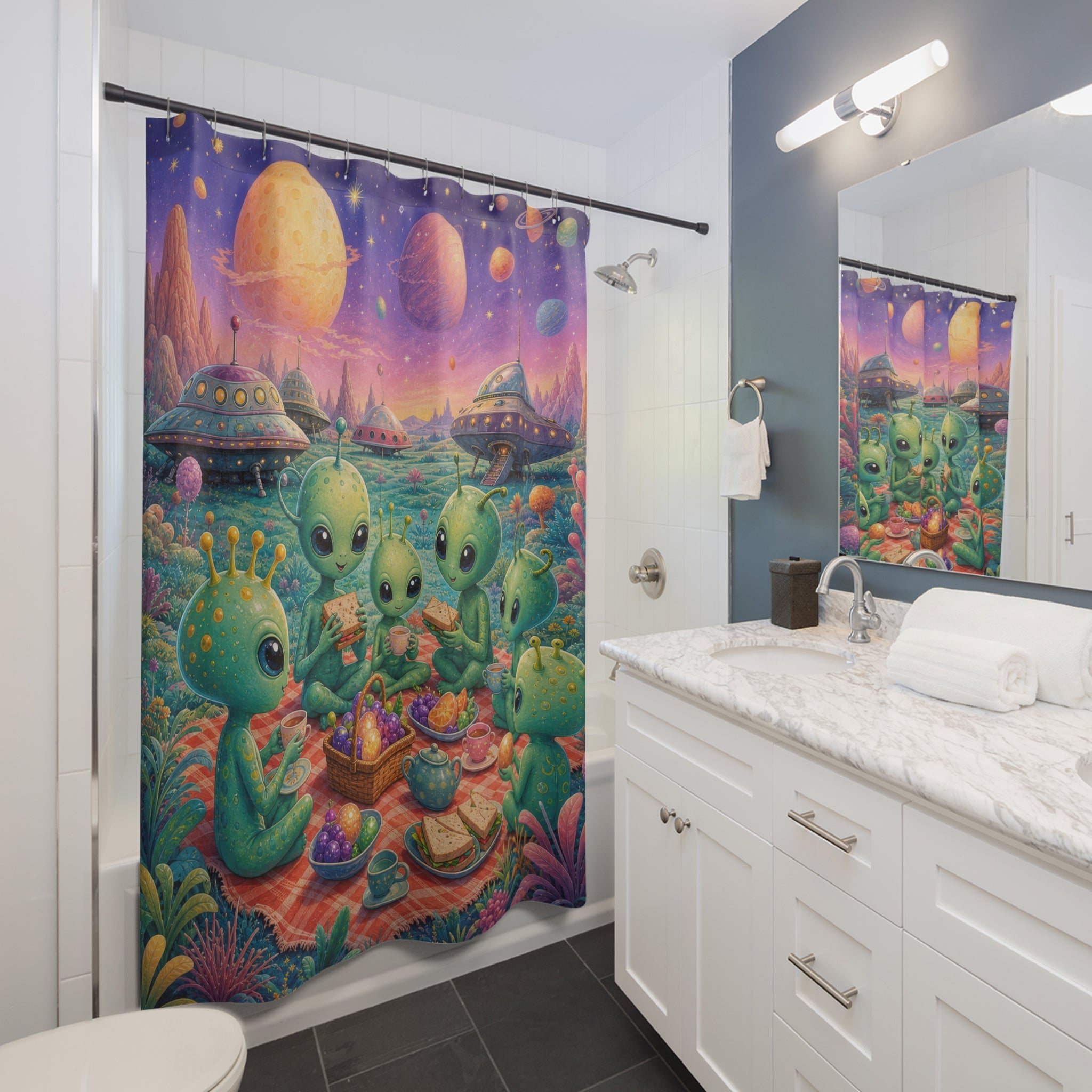 Cute Space Picnic Tea Party Unique Alien Shower Curtain