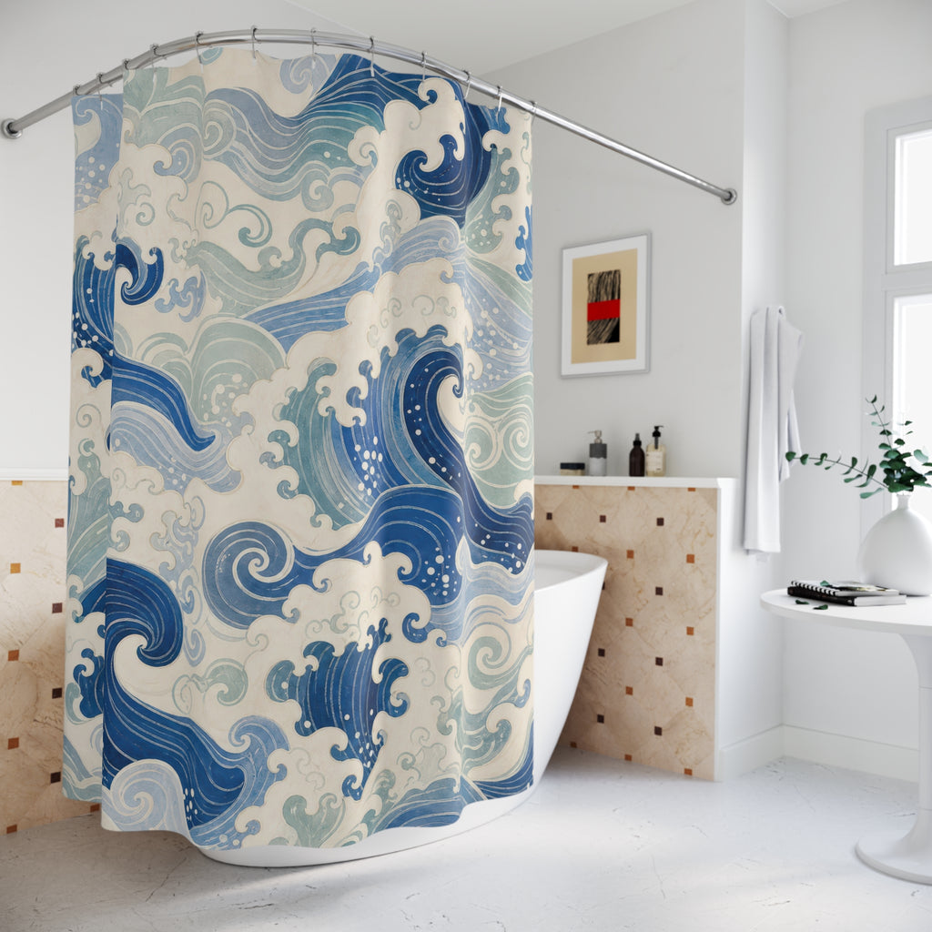 Blue Ocean Wave Japanese Coastal Watercolor Shower Curtain