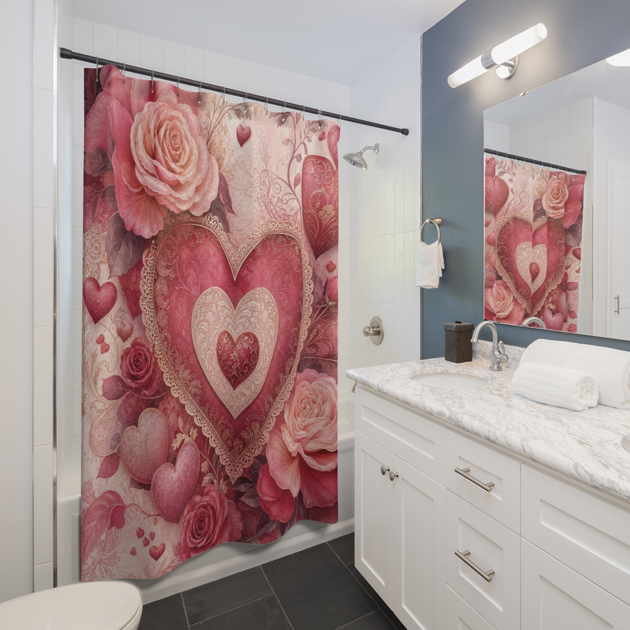Valentine Shower Curtain: Pink Heart Rose Floral