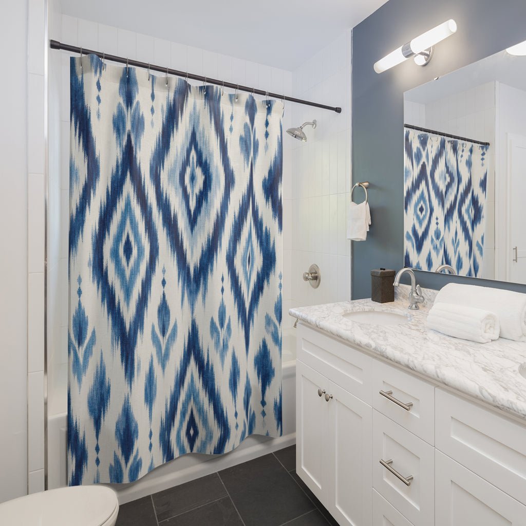 Blue Ikat Diamond Shower Curtain, Indigo Blue Bohemian Bathroom Decor, Ikat Stripe Bath Curtain, Guest Bath Decor, Small Bathroom Decor