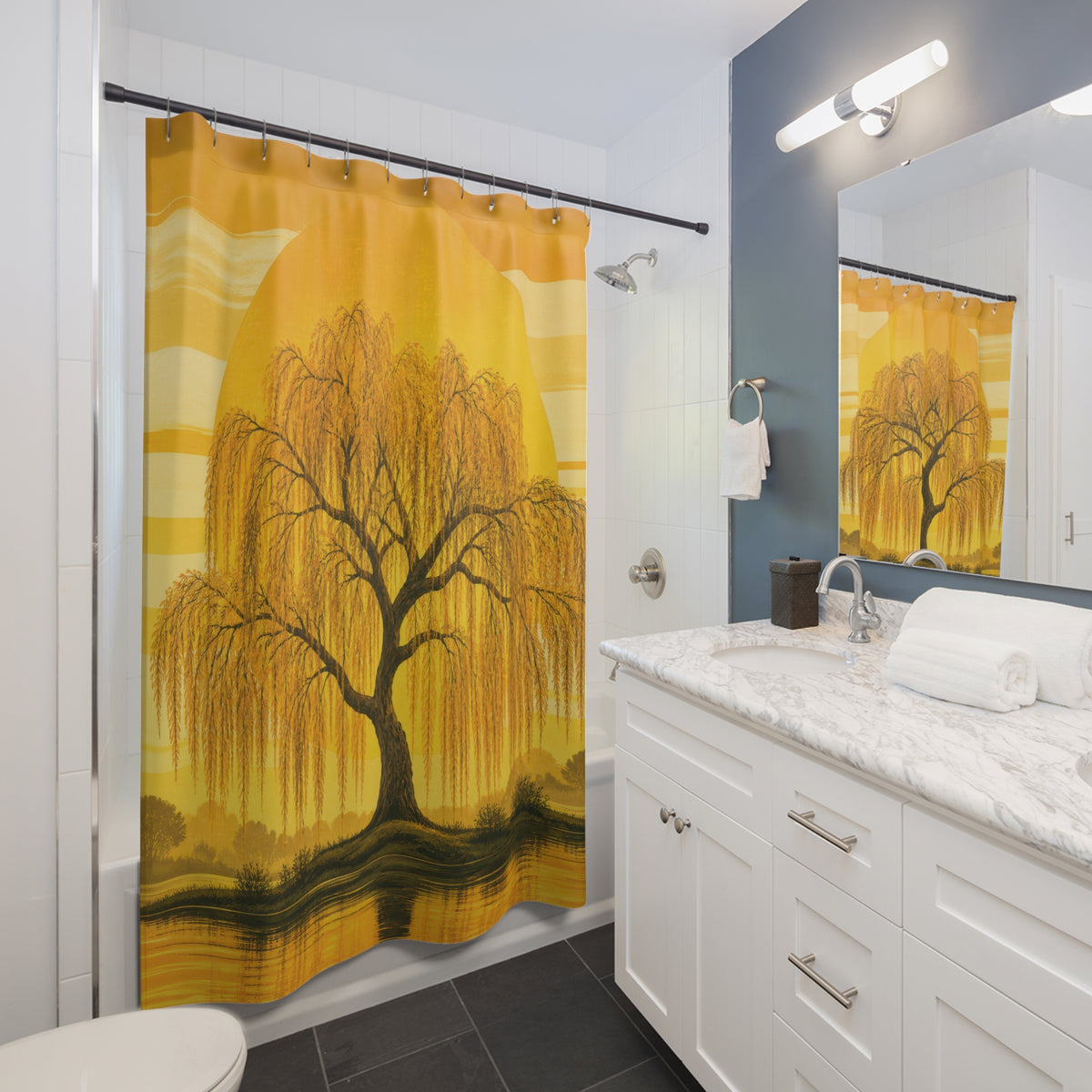Golden willow tree silhouetted before a large sun shower curtain beside a white vanity