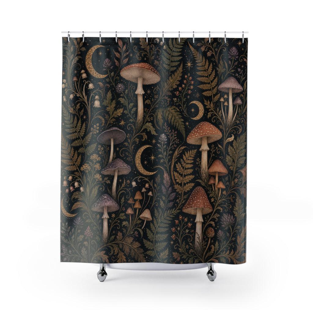 Dark Mushroom Shower Curtain, Black Woodland Bathroom Decor, Mushroom Botanical Bath Curtain, Moody Guest Bathroom Decor, Forest Bath Decor