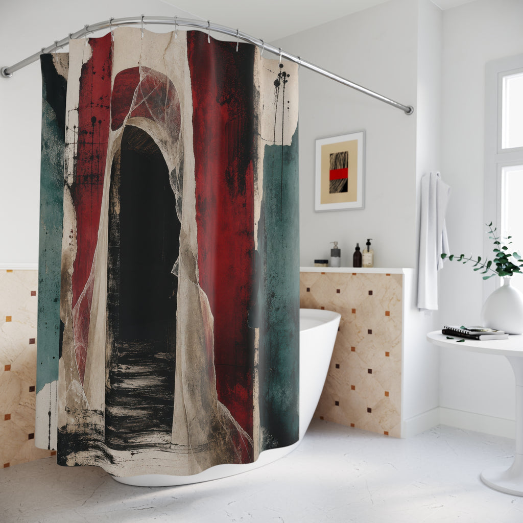 Abstract Shower Curtain, Dark Archway Art, Red Black Teal Bathroom Decor, Gothic Doorway Mood, Modern Guest Bath, Moody Wall Art Style