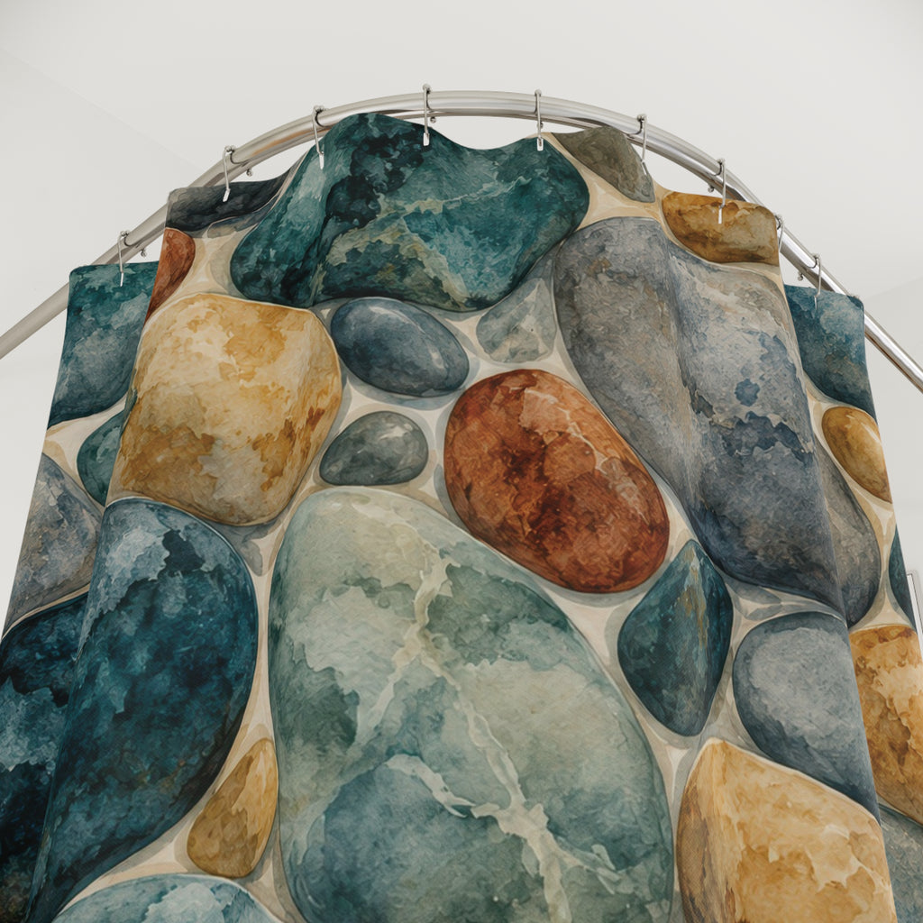 Teal, gray and ochre watercolor river stones shower curtain with close-up print, hooks, and folds