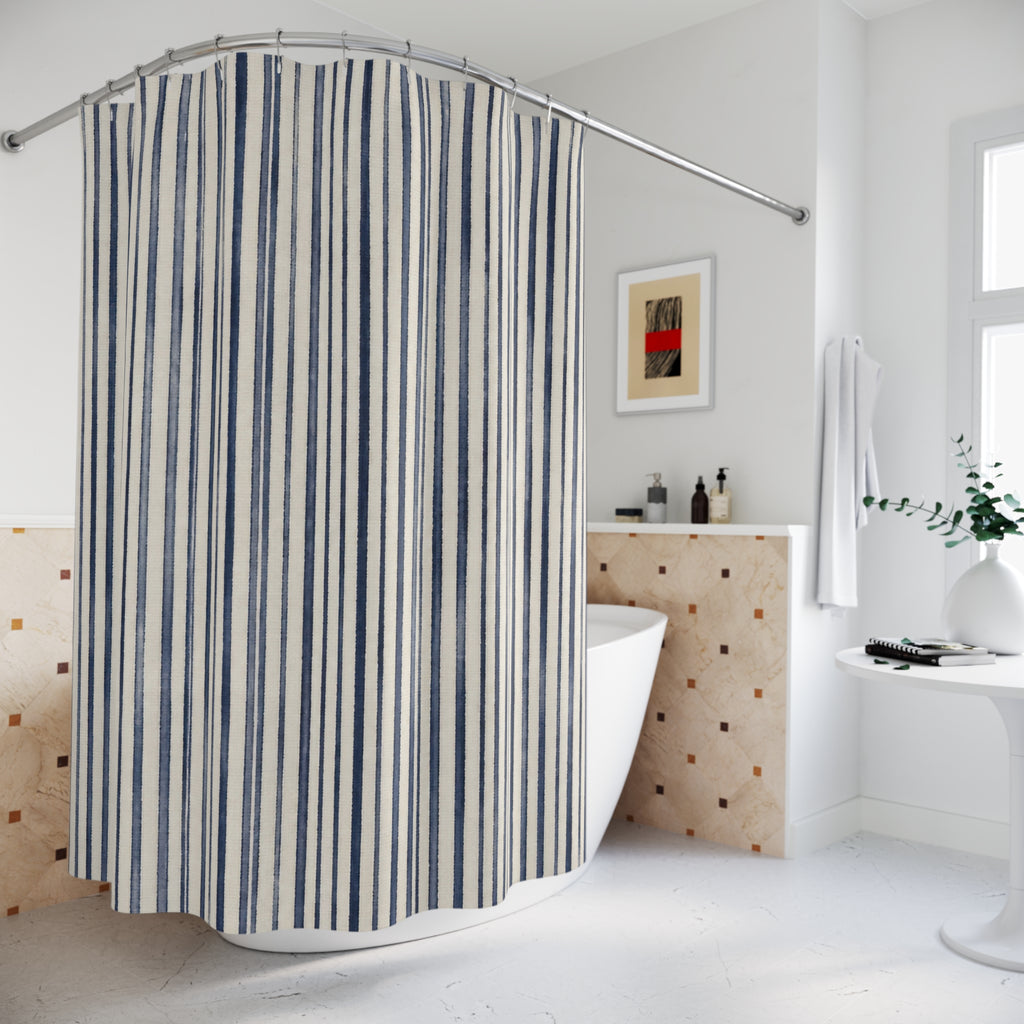 Navy Blue White Pinstripe Shower Curtain