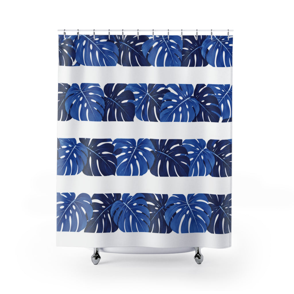 Cobalt monstera leaf bands alternating with white stripes shower curtain with full front view