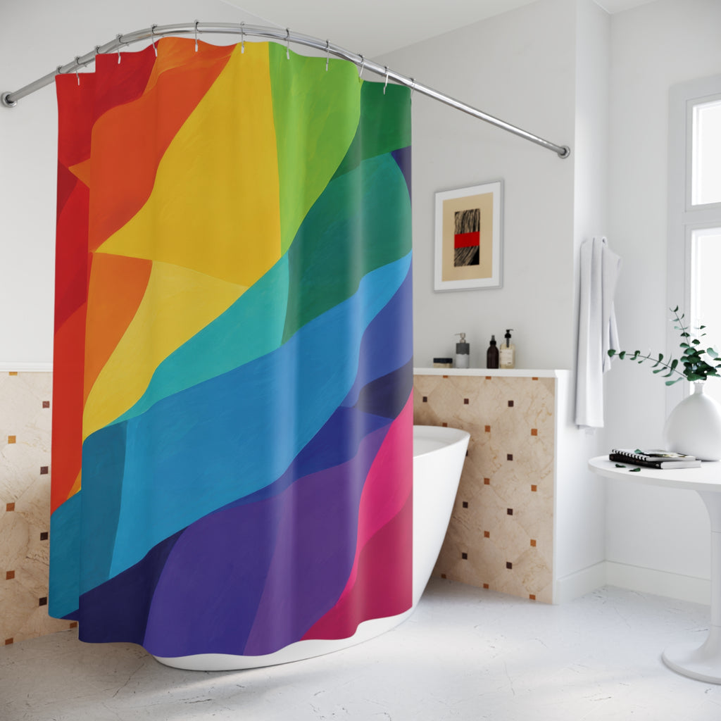 Sweeping rainbow color blocks with deep blue accents shower curtain beside a freestanding tub