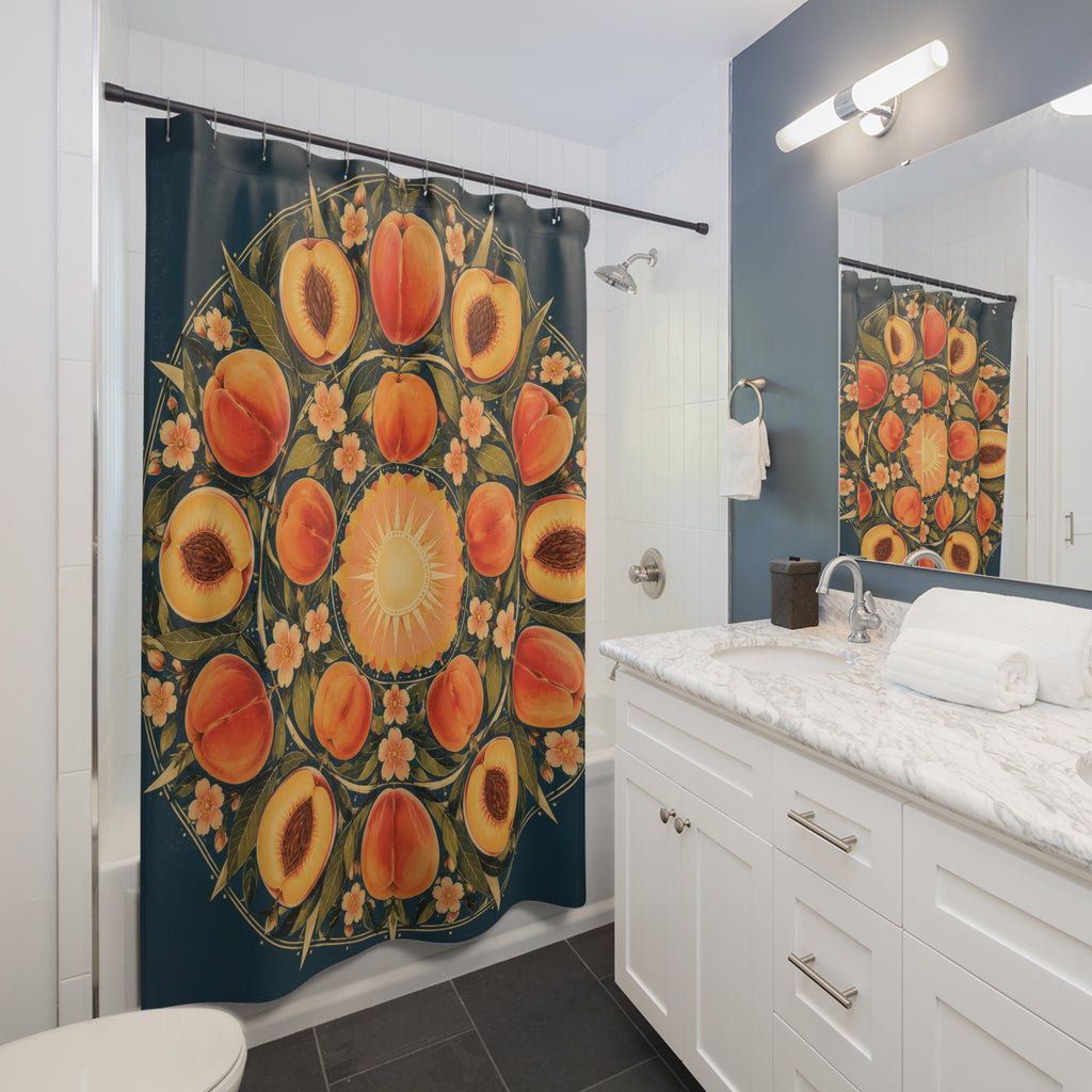 Peaches in a gold botanical medallion on teal shower curtain beside a white vanity