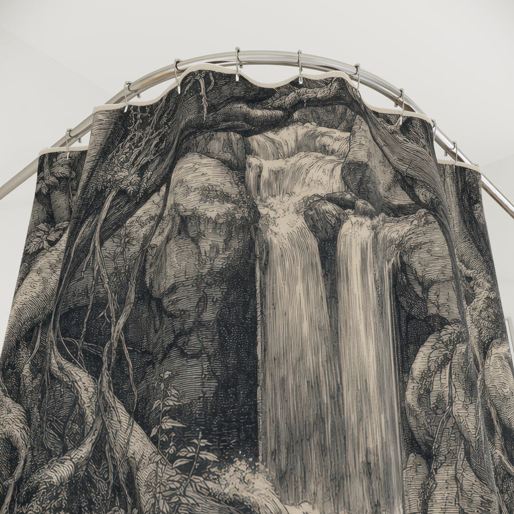 Black White Engraving Landscape Shower Curtain