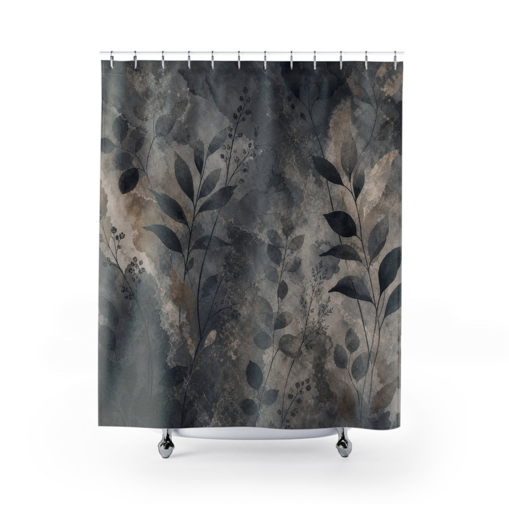 Grey Shower Curtain, Dark Botanical Watercolor Pattern, Black Charcoal Bathroom Decor, Moody Modern Guest Bath Leaf Style