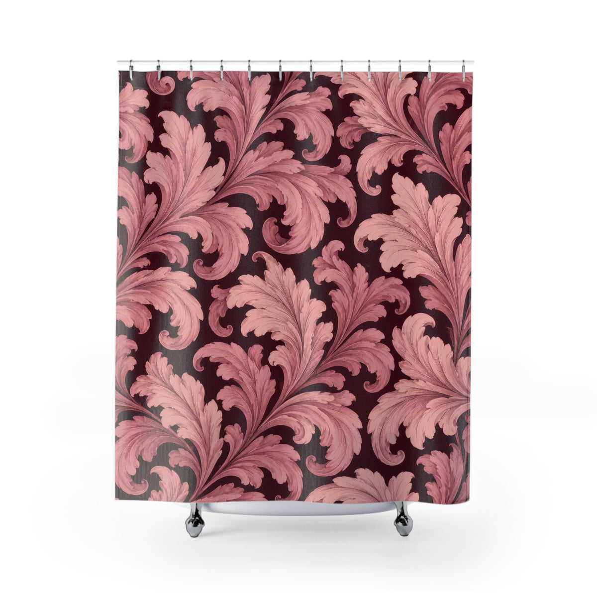 Blush acanthus leaves on deep burgundy shower curtain with full front view