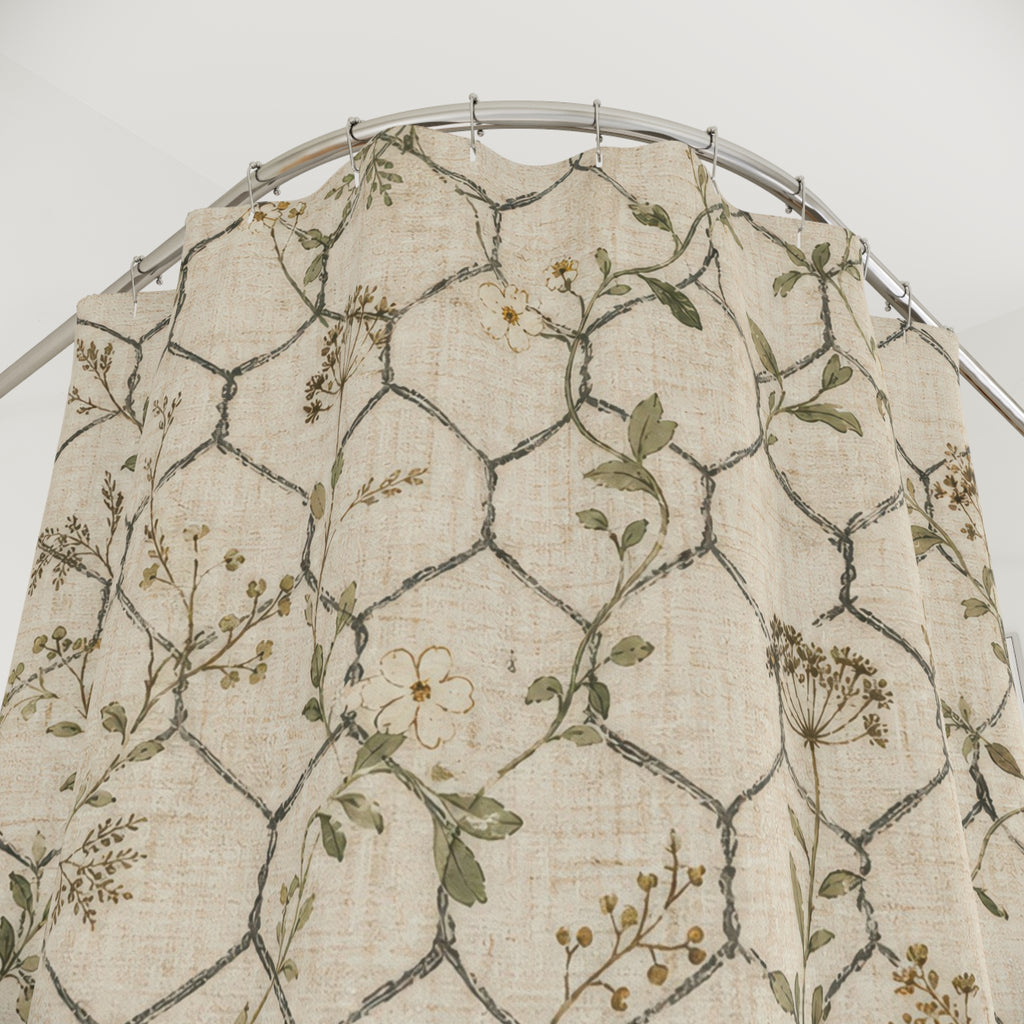 Rustic Farmhouse Shower Curtain, Chicken Wire Bath Decor, Beige Trellis Pattern, Country Guest Bathroom Decor, Weathered Cream Style