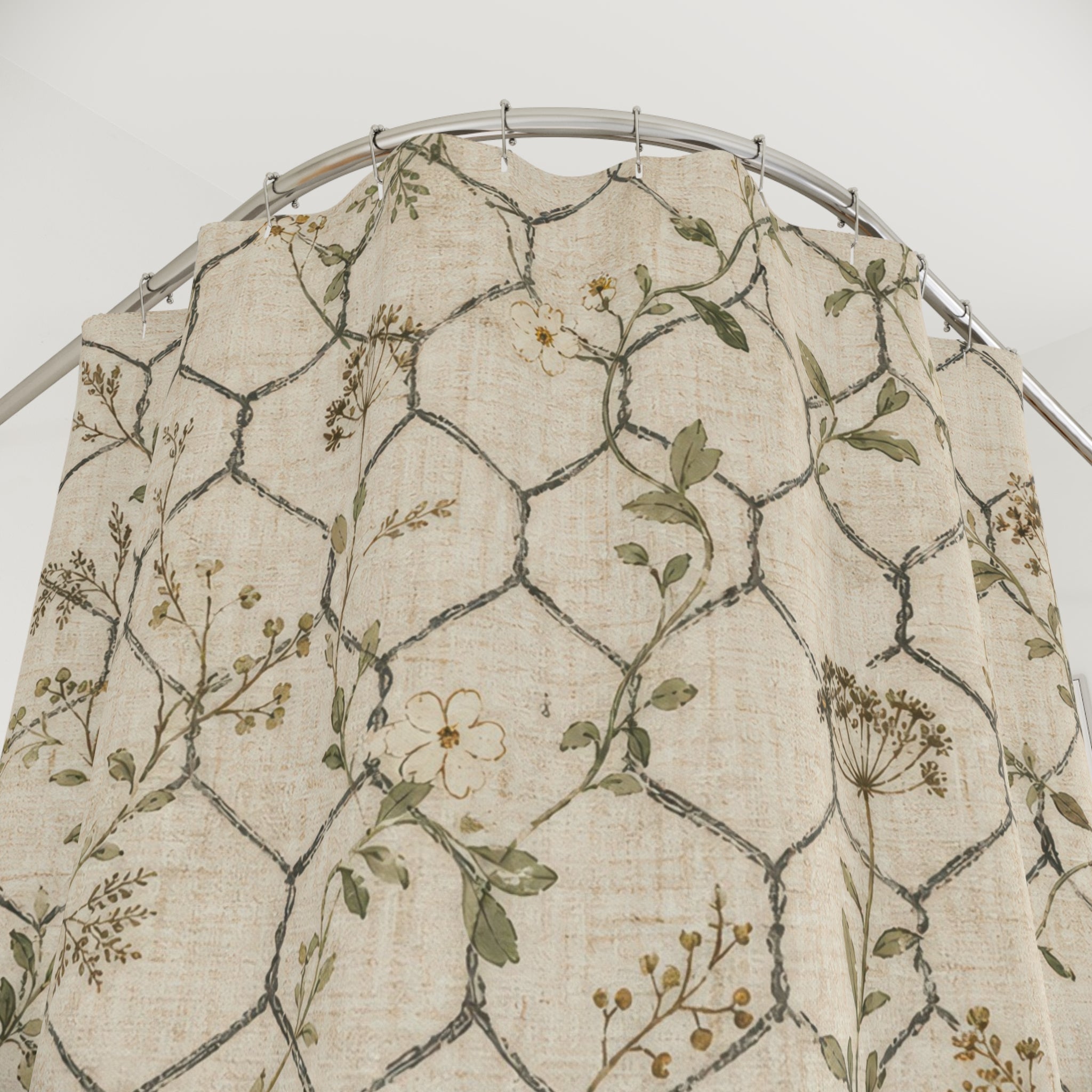 Rustic Farmhouse Shower Curtain, Chicken Wire Bath Decor, Beige Trellis Pattern, Country Guest Bathroom Decor, Weathered Cream Style
