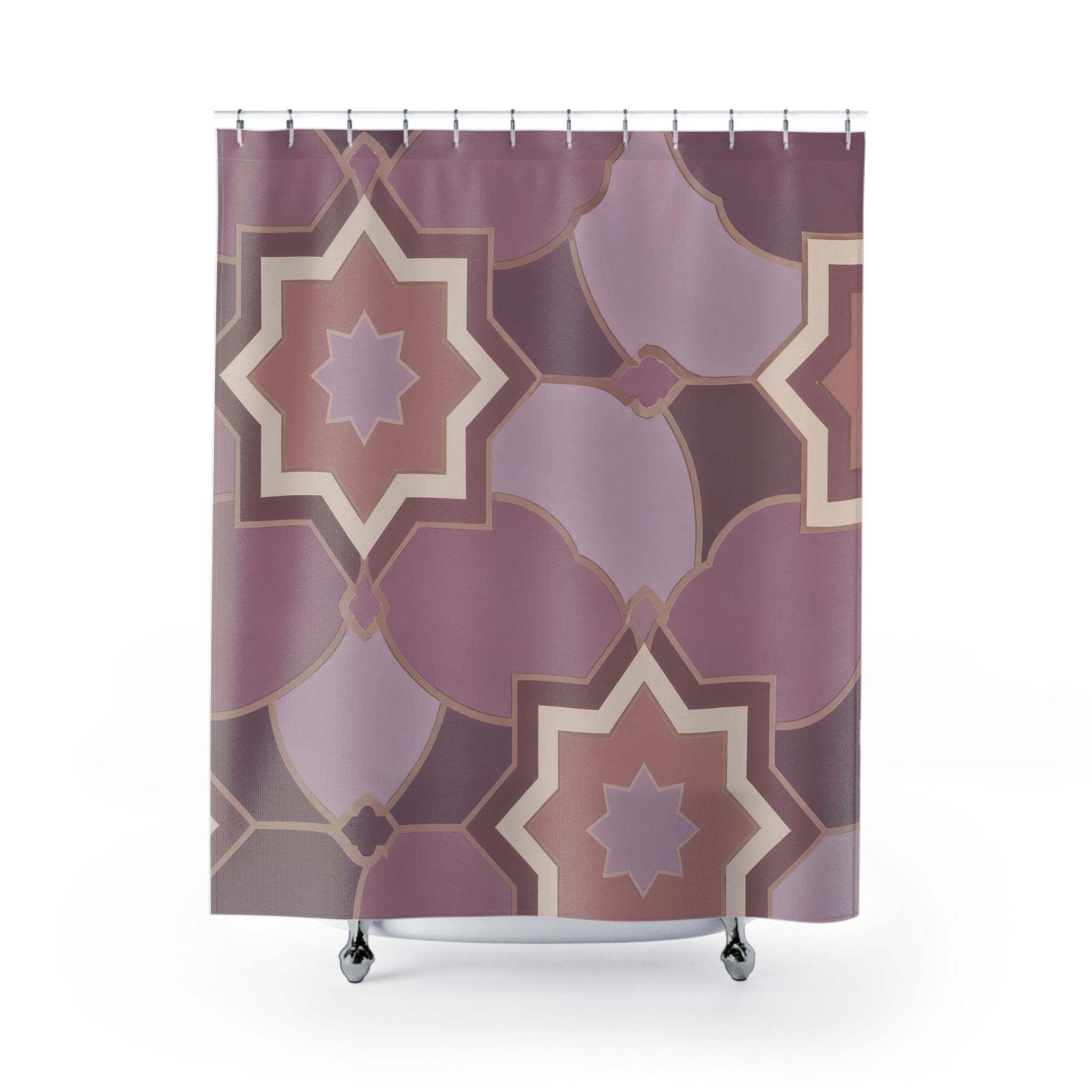 Mauve eight-point star mosaic with plum rosettes shower curtain with full front view