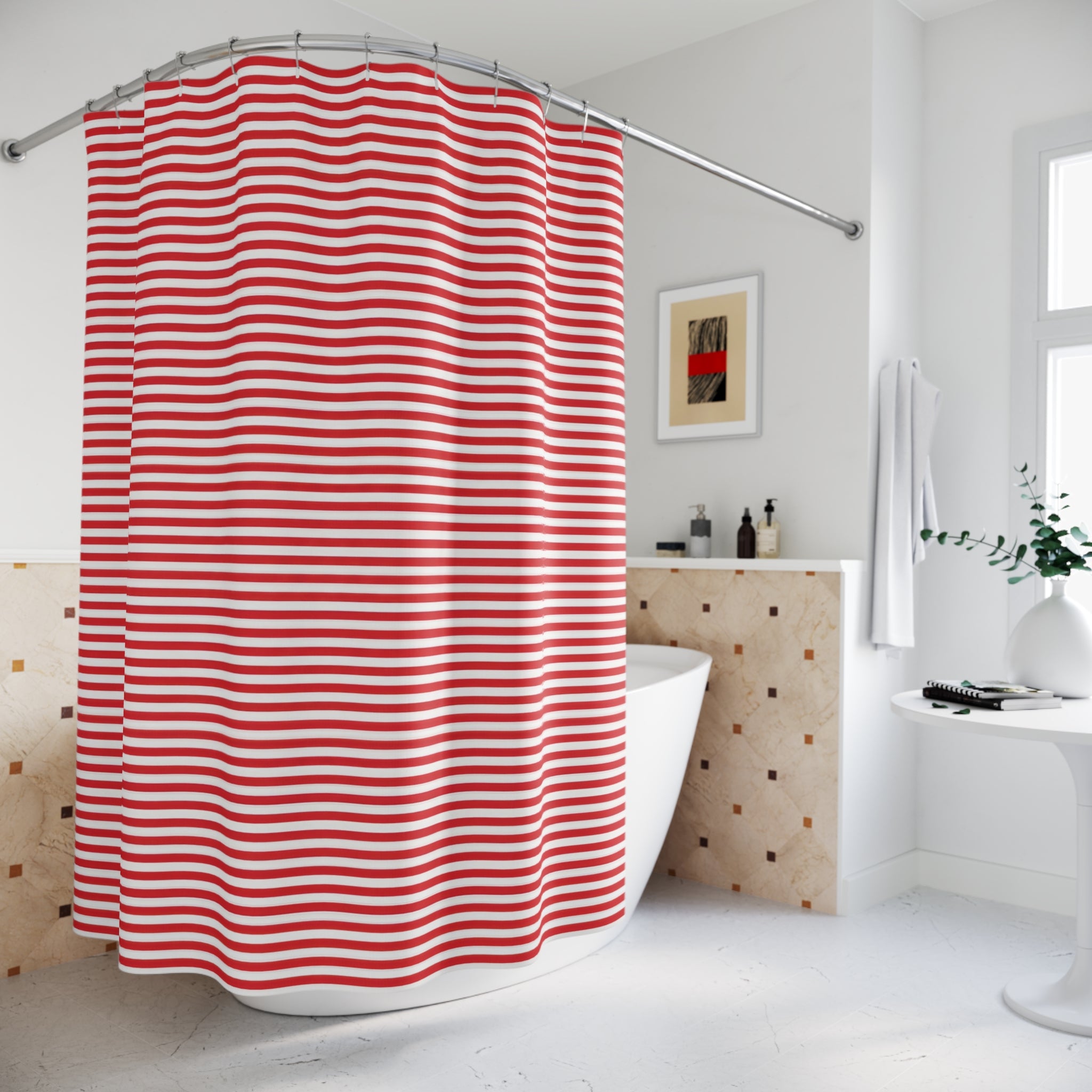 Red White Modern Pinstripe Shower Curtain