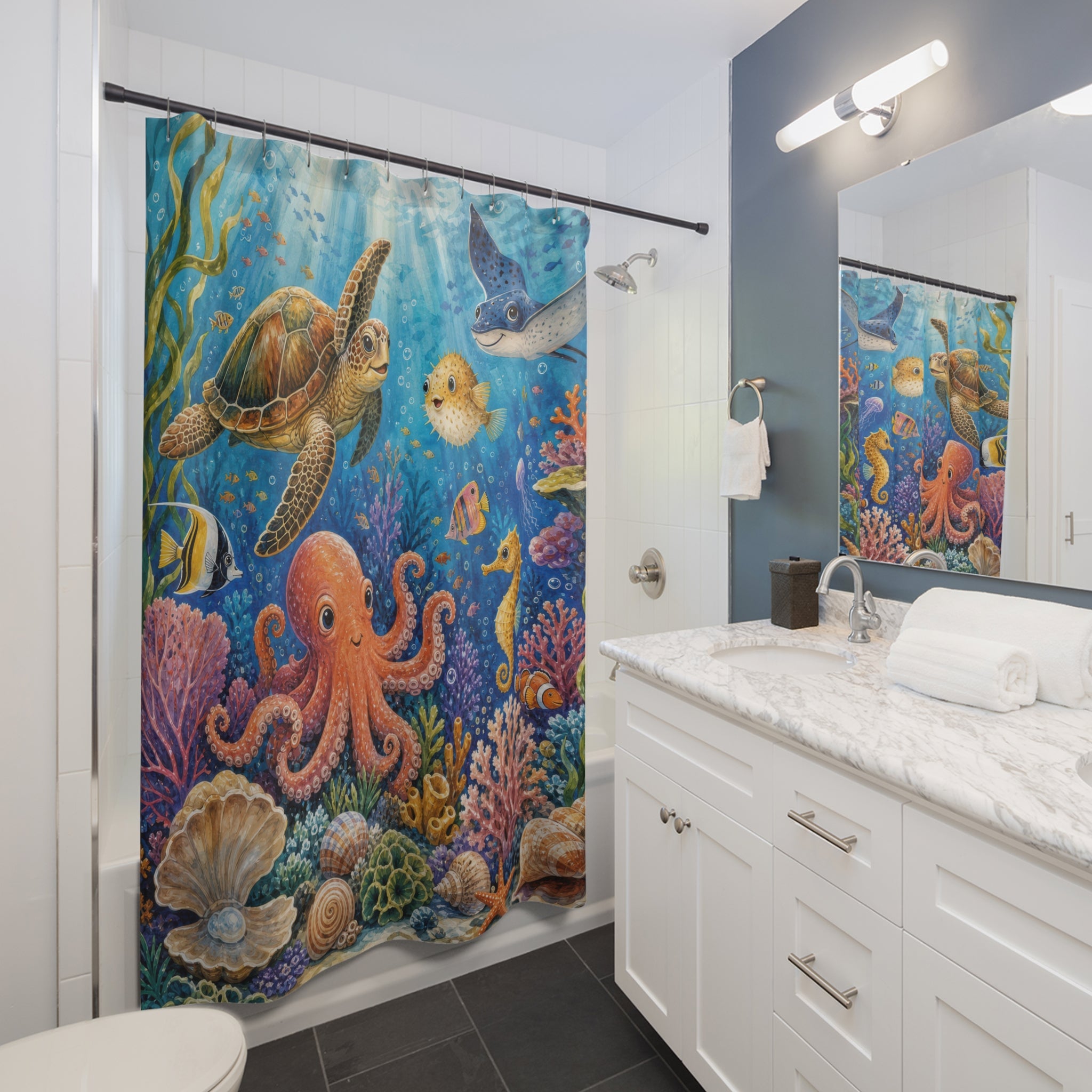 Colorful Coral Reef Friends Kids Shower Curtain