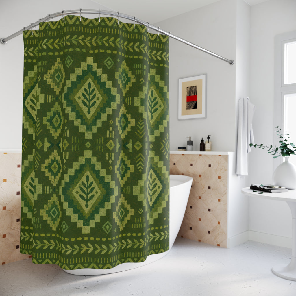 Green Boho Shower Curtain, Ikat Diamond Bath Decor, Olive Geometric Pattern, Folk Style Guest Bathroom Decor, Earthy Bohemian Style