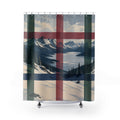 Navy cranberry plaid over a snowy mountain lake shower curtain with full front view