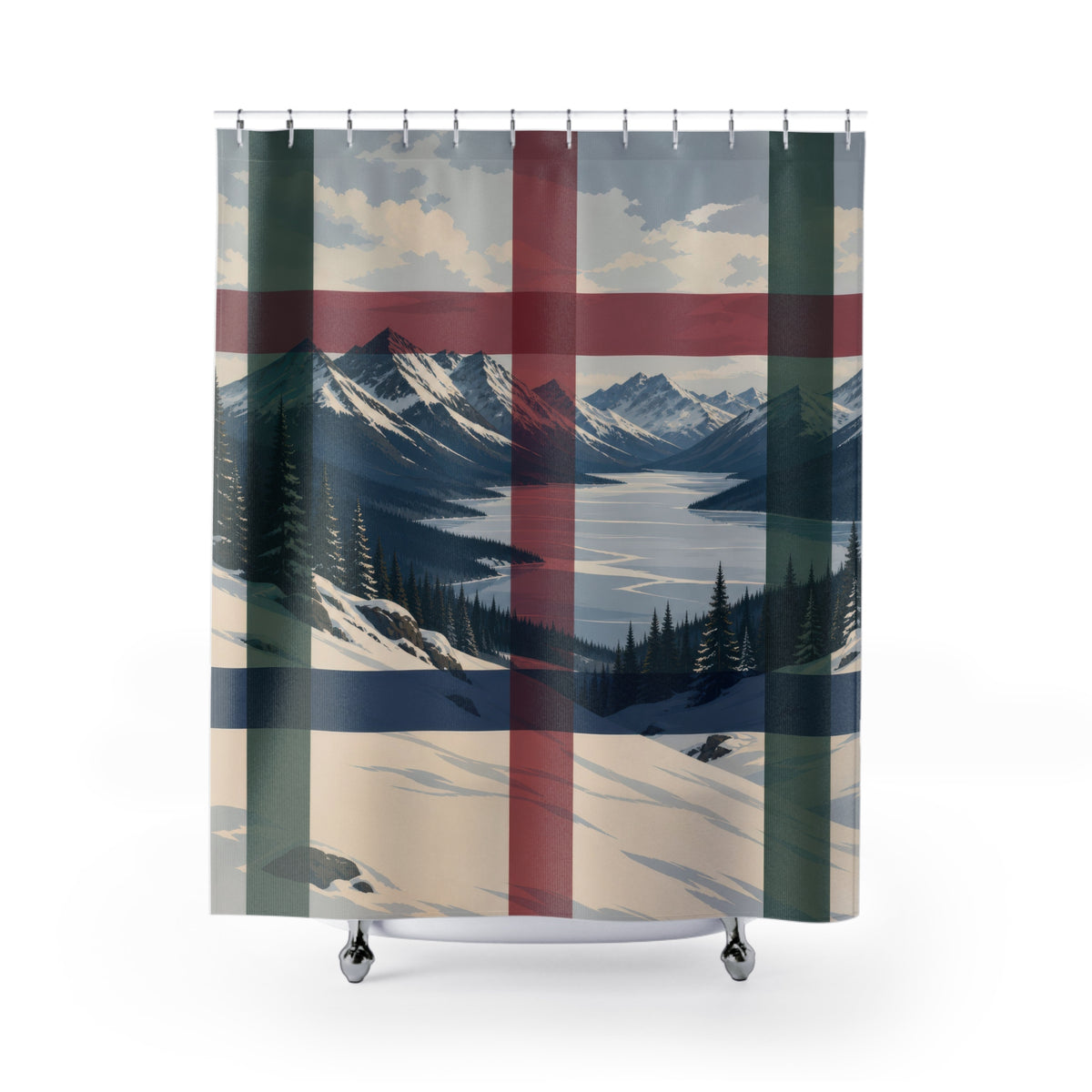 Navy cranberry plaid over a snowy mountain lake shower curtain with full front view