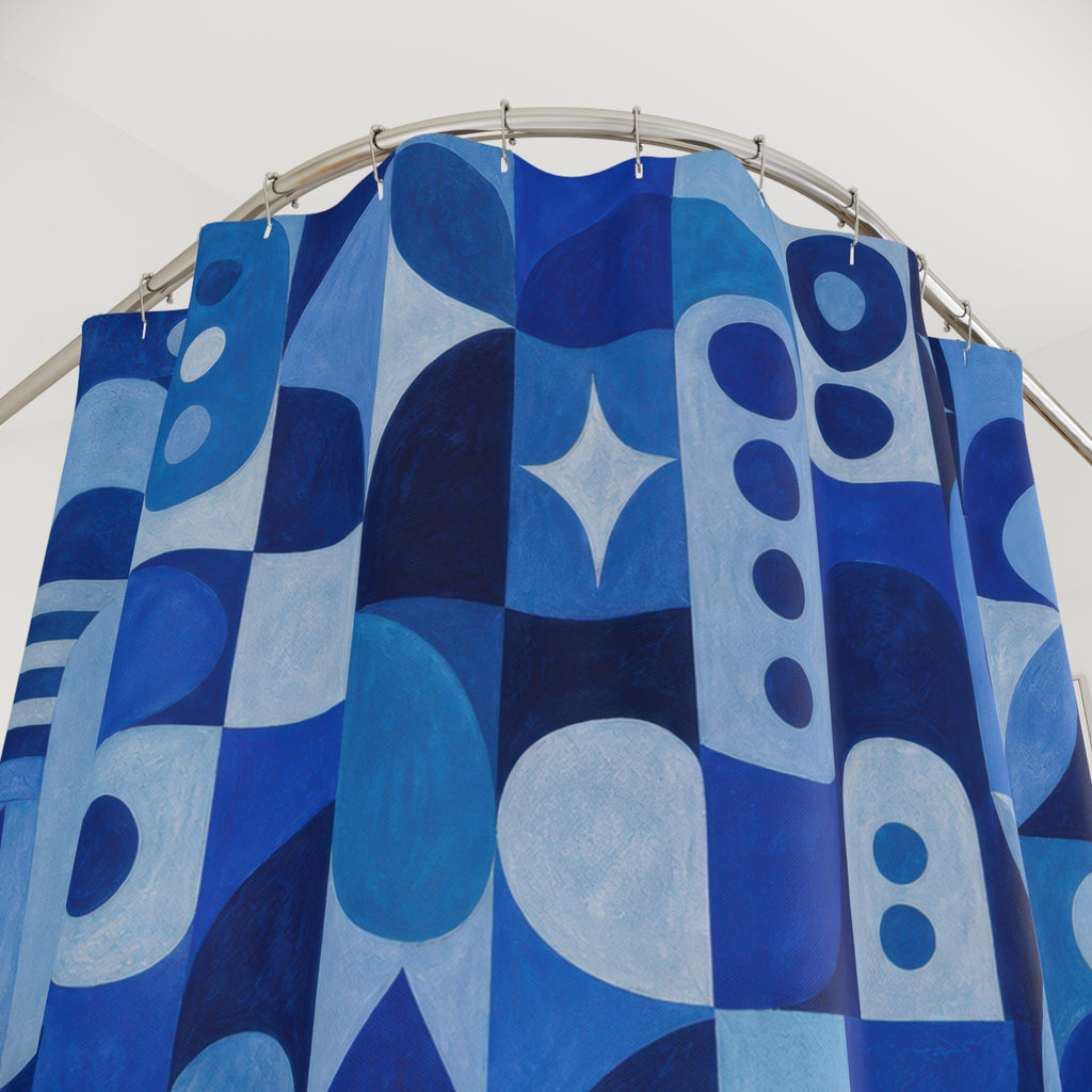 Blue Geometric Shower Curtain, Cobalt Blue Modern Bathroom Decor, Geometric Pattern Bath Curtain, Guest Bath Decor, Small Bathroom Decor