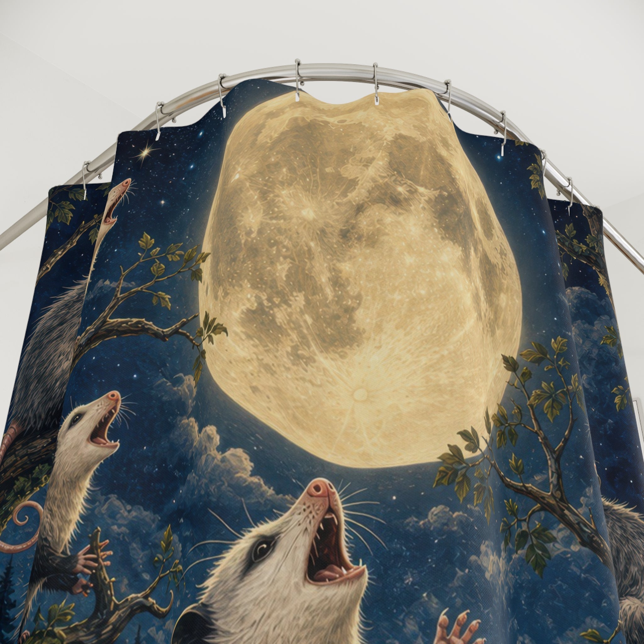Unique Funny Possum Shower Curtain, Full Moon Opossum Animal Art, Dark Woodland Bathroom Decor, Moonlit Wall Decor Guest Bath Gift For Home