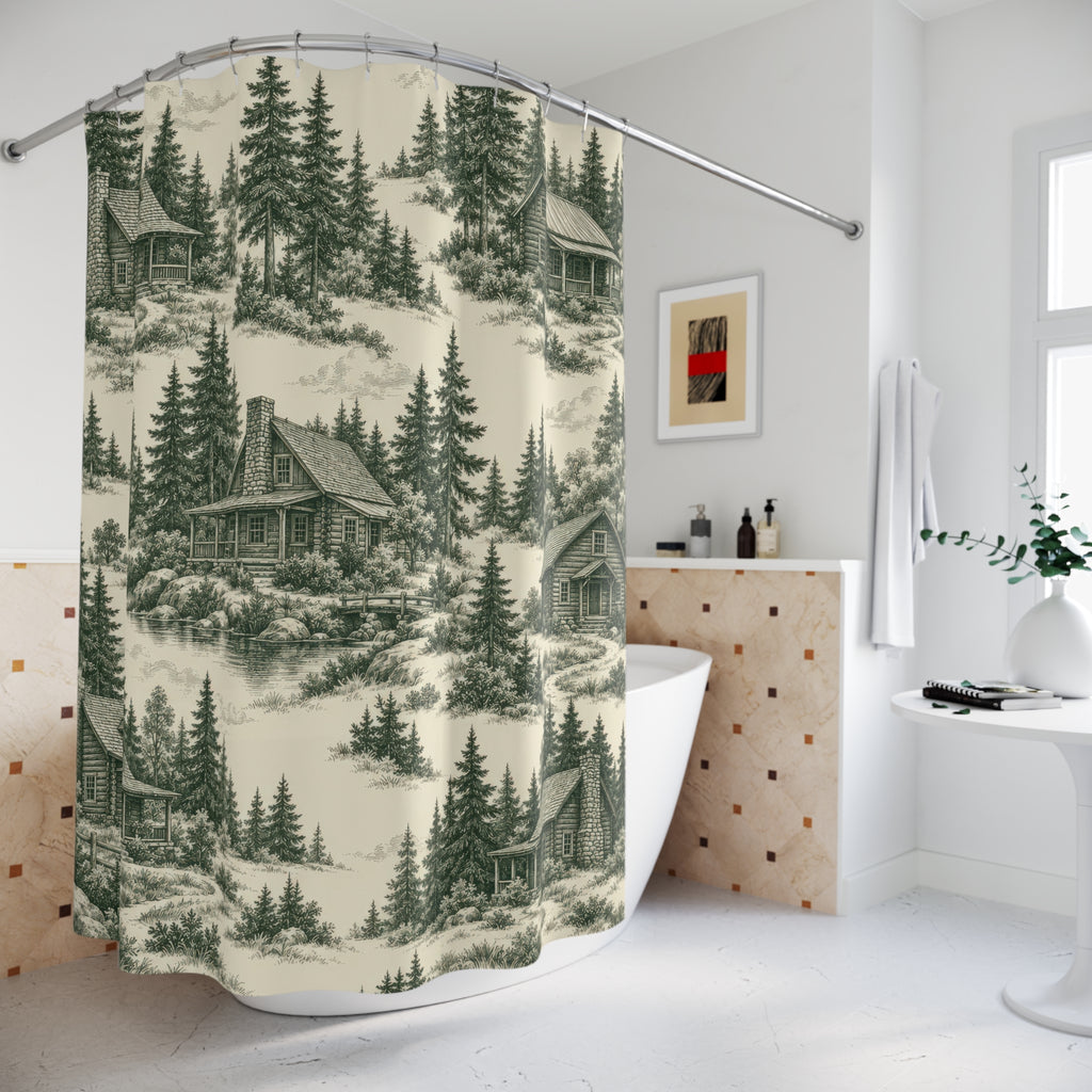 Forest green woodland cabin toile shower curtain beside a freestanding tub