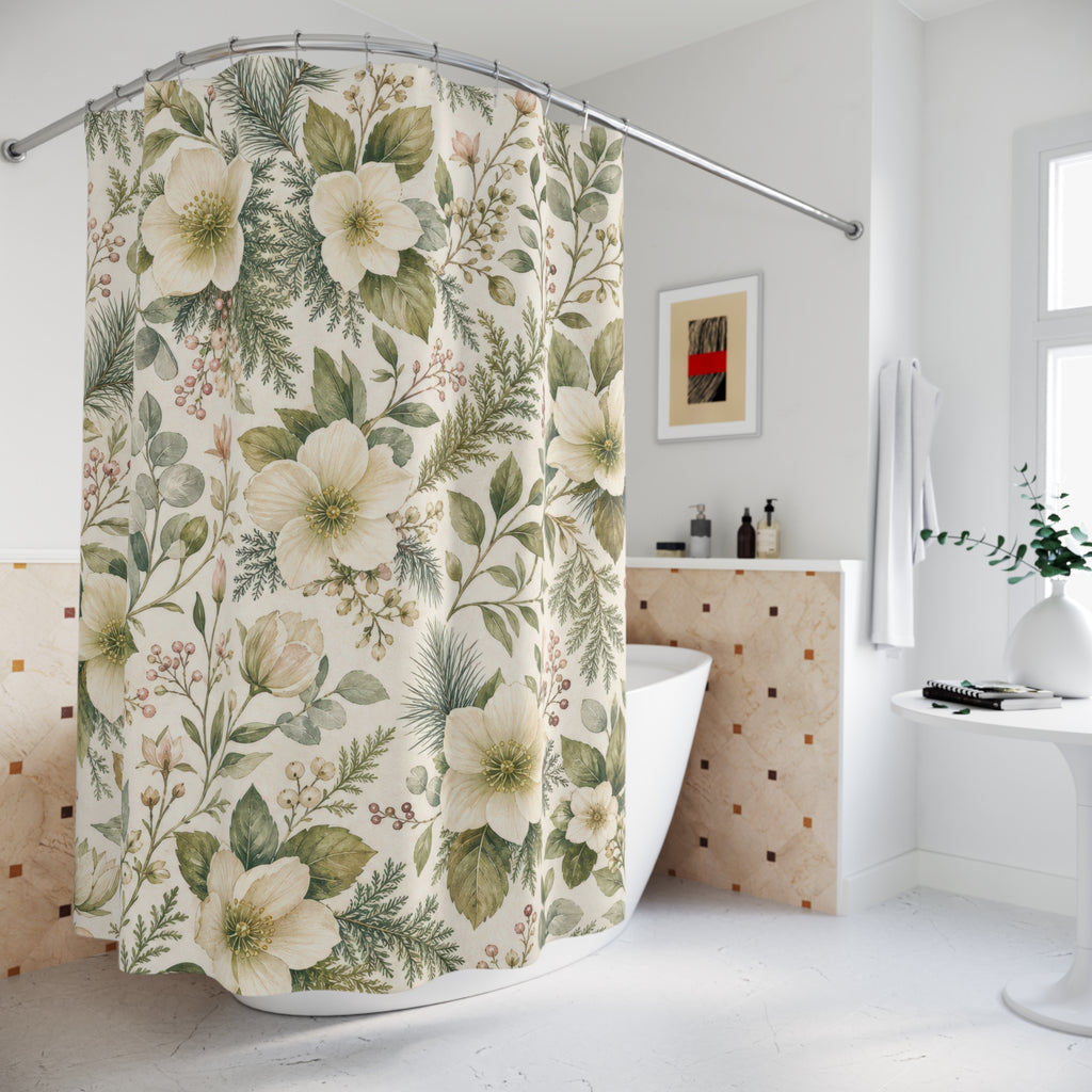 White Botanical Green Floral Shower Curtain