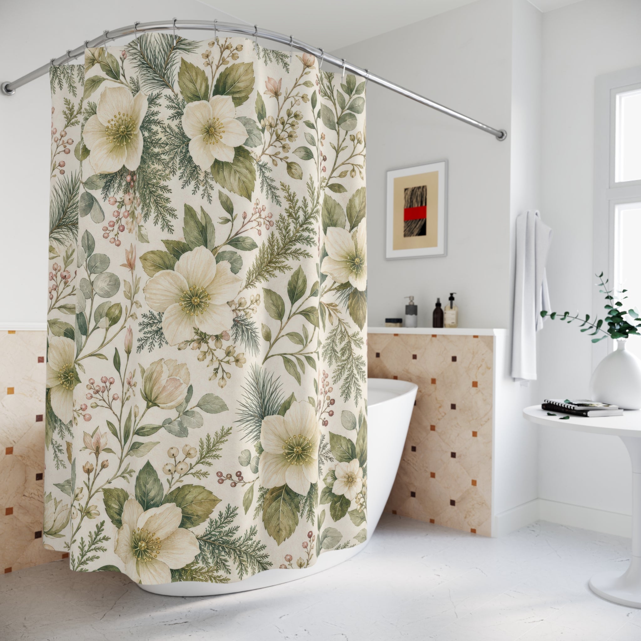 White Botanical Green Floral Shower Curtain
